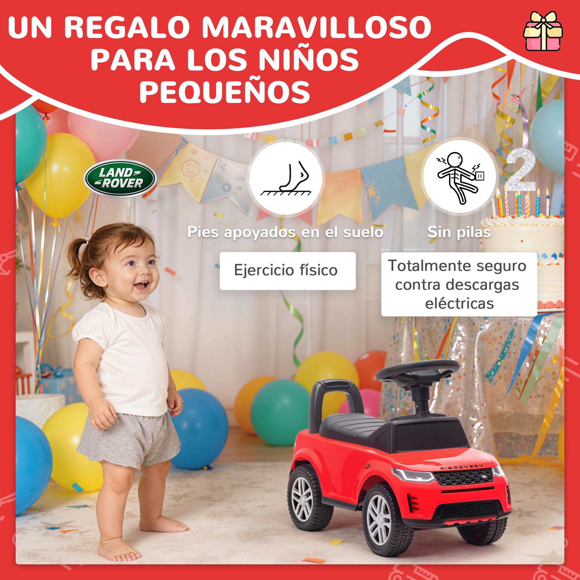 AIYAPLAY Coche Correpasillos con Licencia de Land Rover, Correpasillos para Niños de 18-36 Meses con Almacenaje, Volante, Bocina, Sonidos de Motor, 65,5x28x42 cm, Rojo