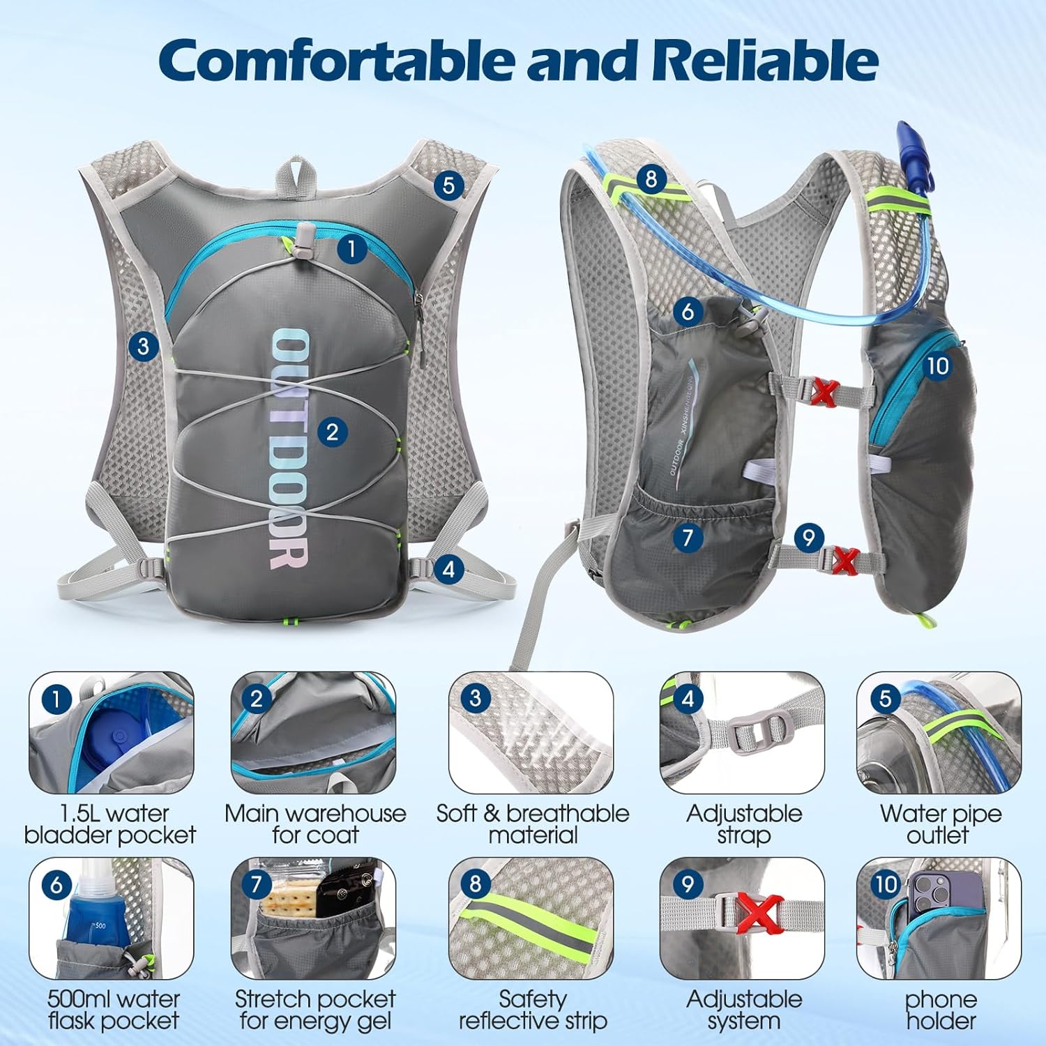 Domensi 2 Pack Water Backpack for Hiking Lightweight Hydration Running Vest Backpack with 1.5 L Water Bladder Adjustable Running Hydration Vest for Trail Hiking Marathon Race Jogging Cycling
