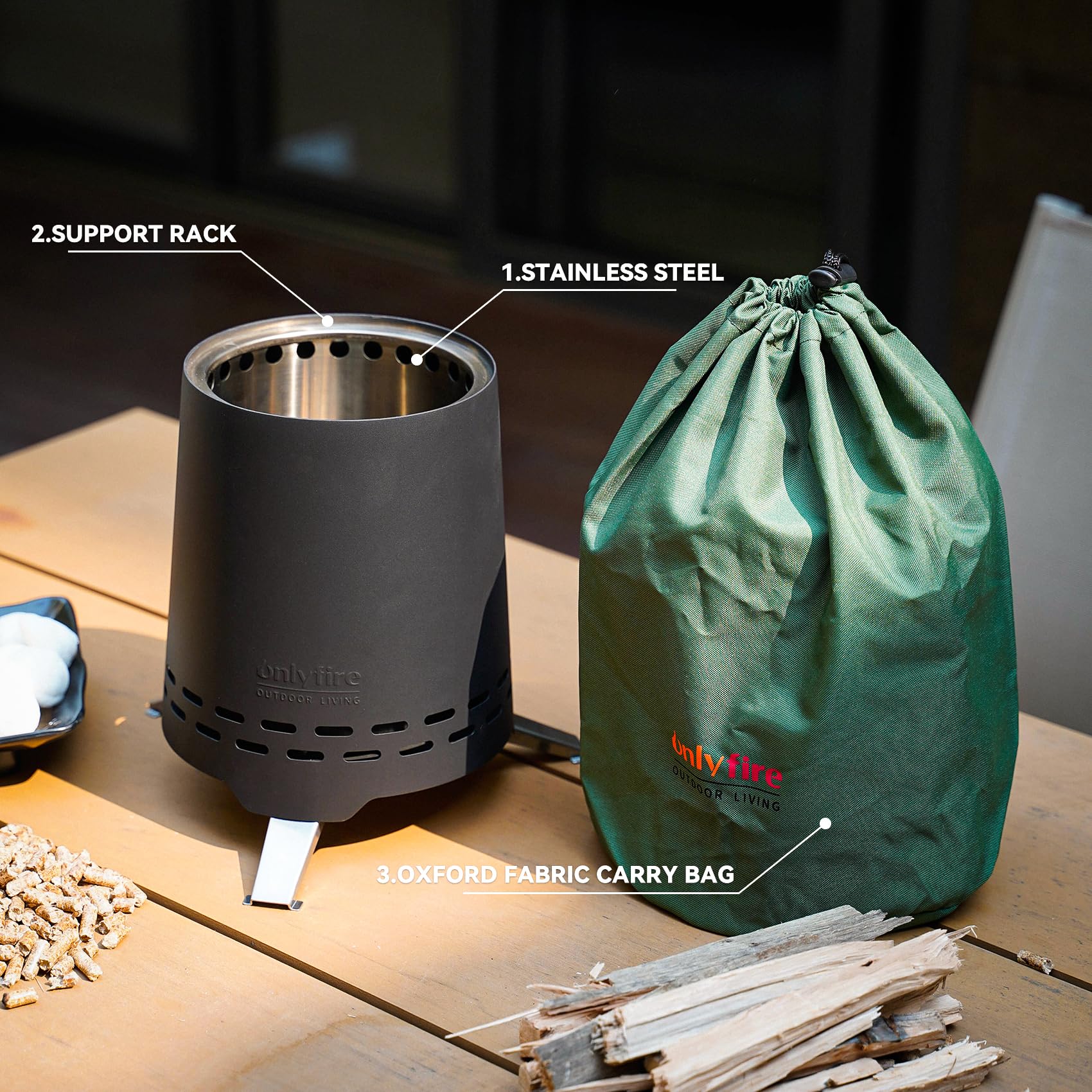 Onlyfire Braciere Senza Fumo da Tavolo, Focolare Portatile con Staffa per Vaso e Borsa da Trasporto, Bruciatura a Legna e a Pellet, per Campeggio all'aperto Tailgating Patio, Acciaio Inox, Nero