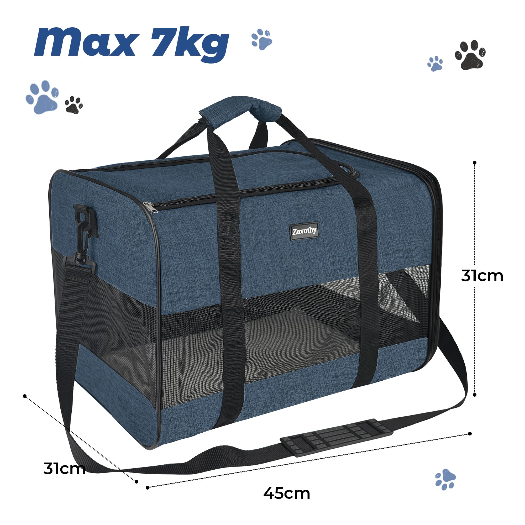 Zavothy Borsa per il trasporto per gatti e cani, borsa per il trasporto, traspirante e pieghevole, trasportino per gatti con tracolla regolabile, materasso in peluche rimovibile (blu scuro, L)