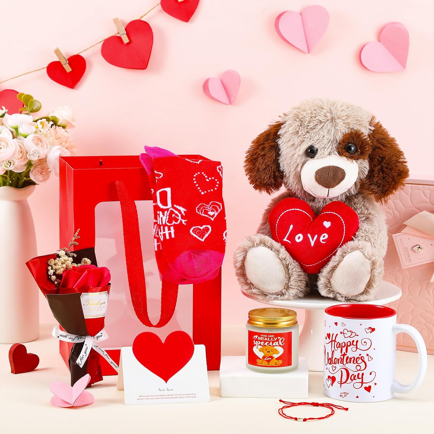 Syhood 8 Pcs Valentine Bear Dog Plush Stuffed Animals Gift Set Love Dog Stuffed Animal Roses Bouquet Coffee Mug Heart Crew Socks Candles Card Gift Bag for Wife