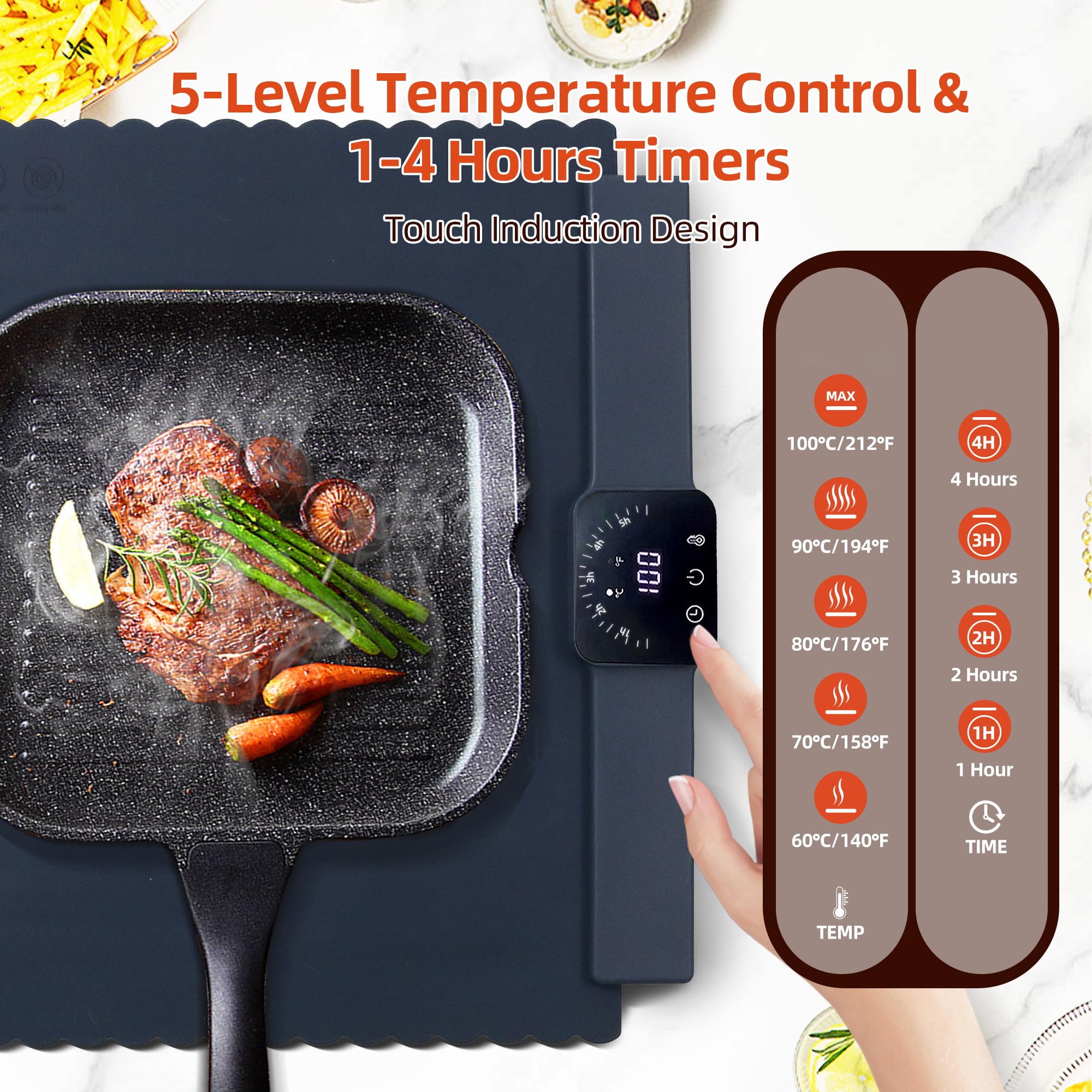 Full Surface Rapid Food Heating Mat - Adjustable Electric Warming Tray with 5 Temperature Settings & 4 Hours Timer, Silicone Food Warmer for Parties, Buffets, Home, Travel