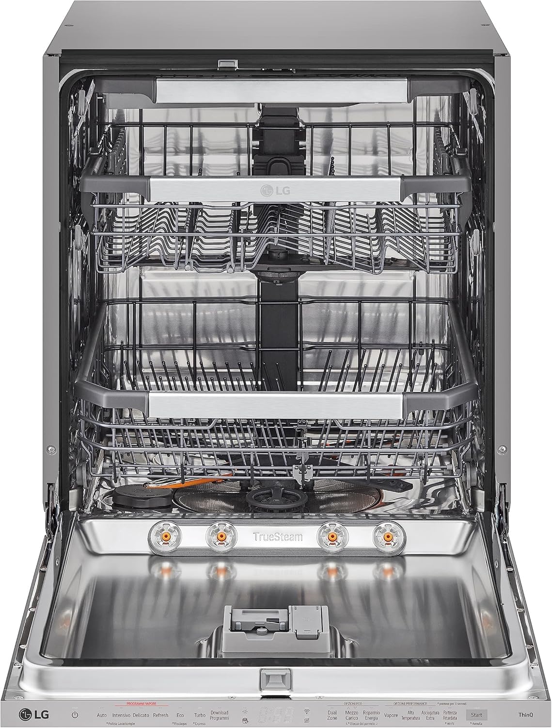 LG QuadWash DB365TXS Lavastoviglie da Incasso a Scomparsa Totale, Serie 3, Classe B, 14 coperti, 4 Bracci Irroratori, Vapore, Cerniere Sliding, Apertura Automatica, 3° Cestello, Wi-Fi, Acciaio