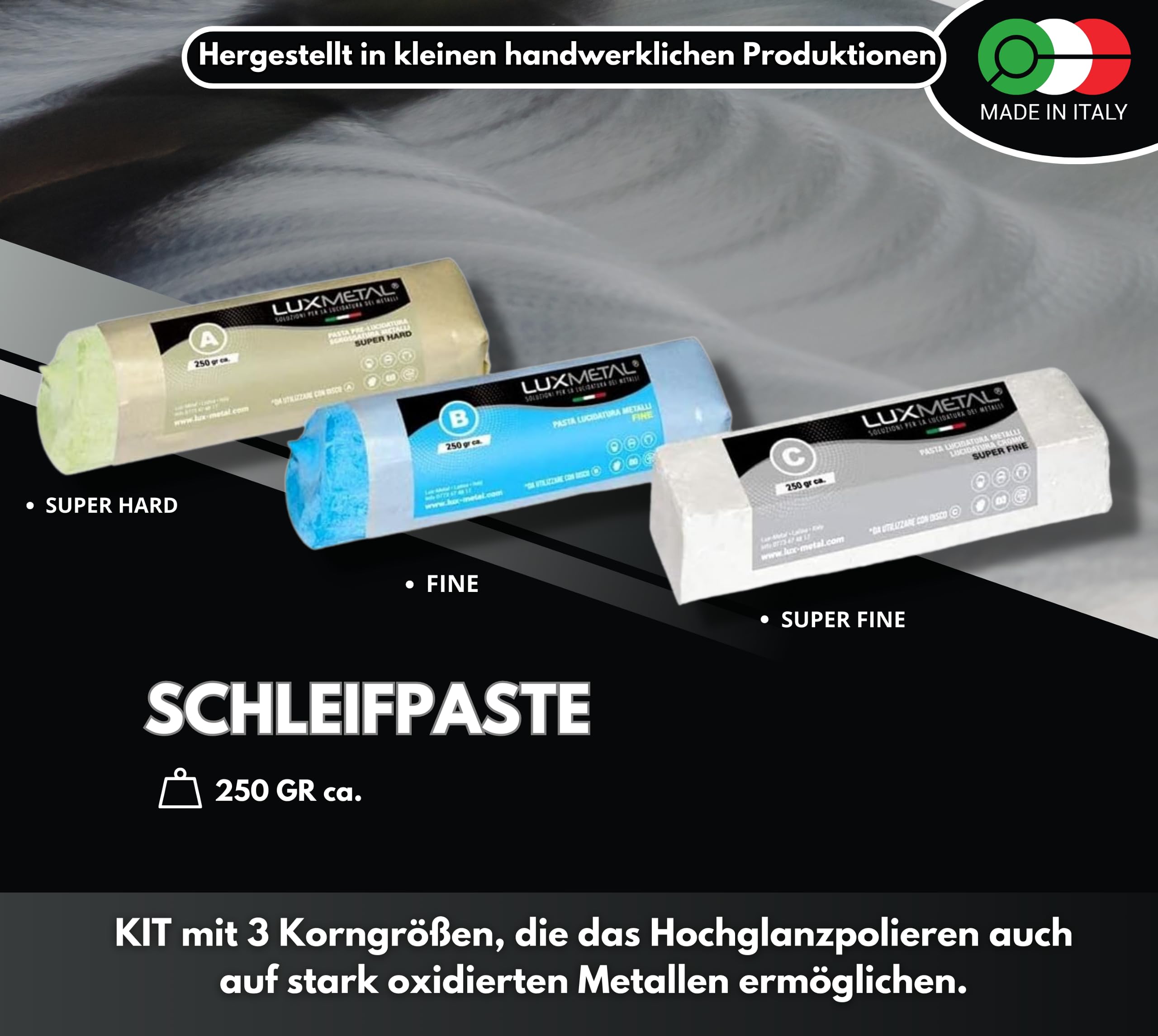 Lux Metal - 3 polierpaste 250 g - 3 Polierscheibe 100 mm, set DIY kit Polierset Schleifpaste Metall, Aluminium, für Bohrmaschine, Edelstahl, Messing, Kupfer, Holz, Kunststoff, schleifmaschinen, messer