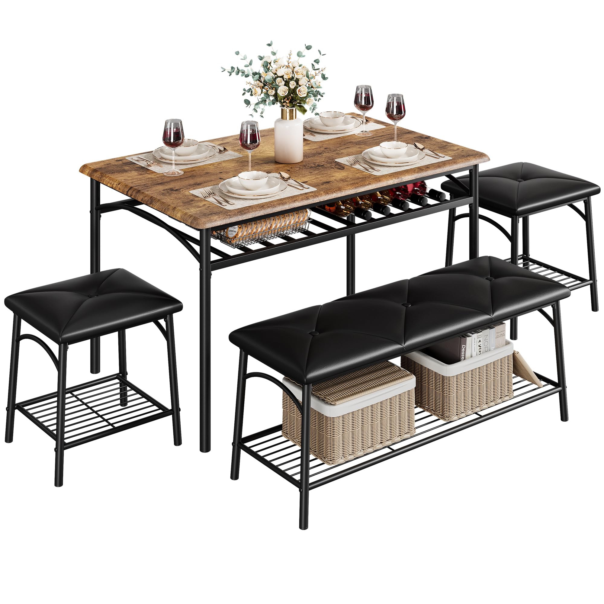 TrailBlaze Rectangular Dining Table Set for 4, Wooden Kitchen Table Set of with Upholstered Bench and Stools, Metal Storage Frame, Space-Saving