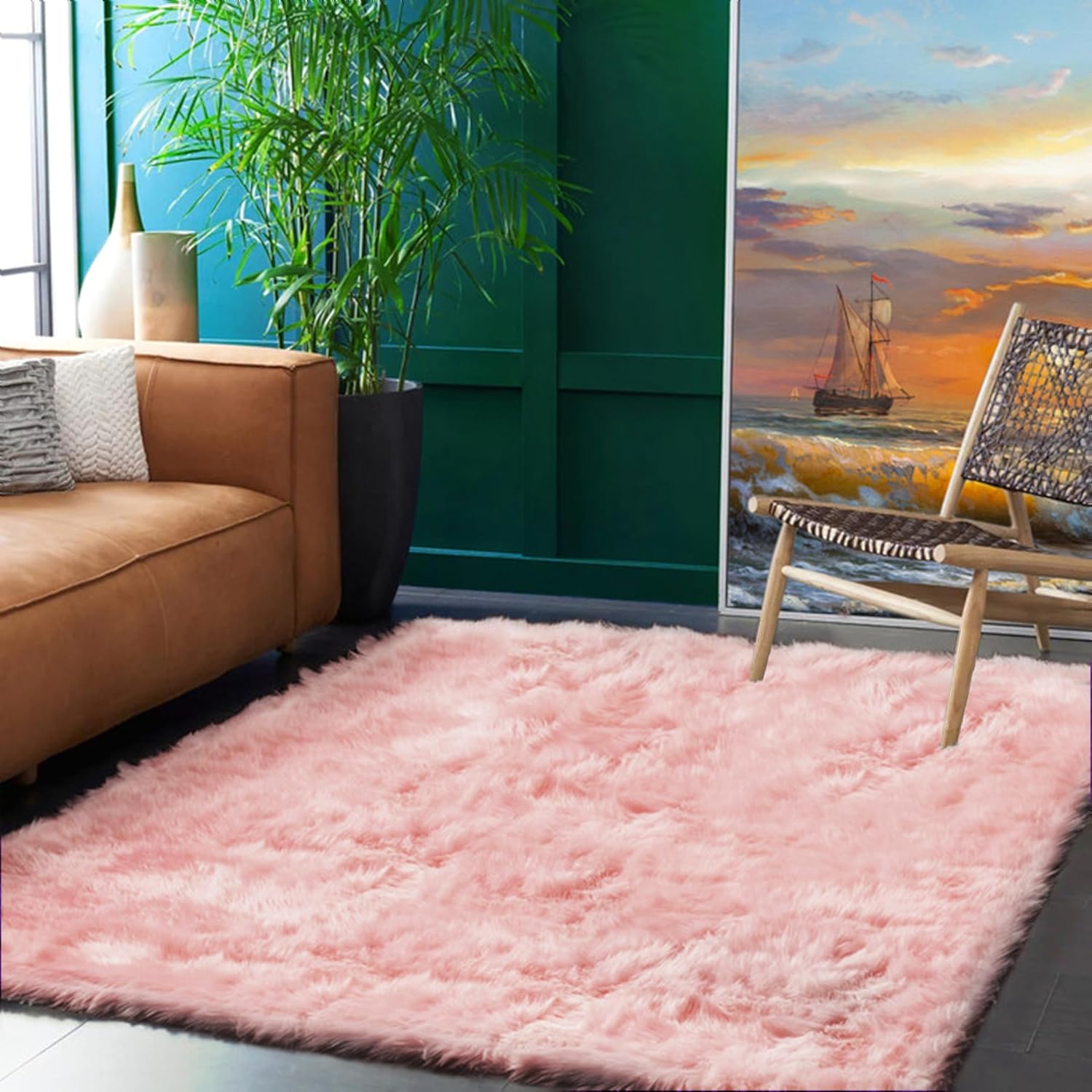 Goolela 5x7 Pink Fluffy Rug for Living Room Faux Sheepskin