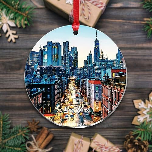 Miniatura 3 de Adornos de Navidad acrílicos 2023, horizonte, ciudad de Nueva York, adorno personalizado, decoración de árbol de Navidad, pintura callejera de EE.