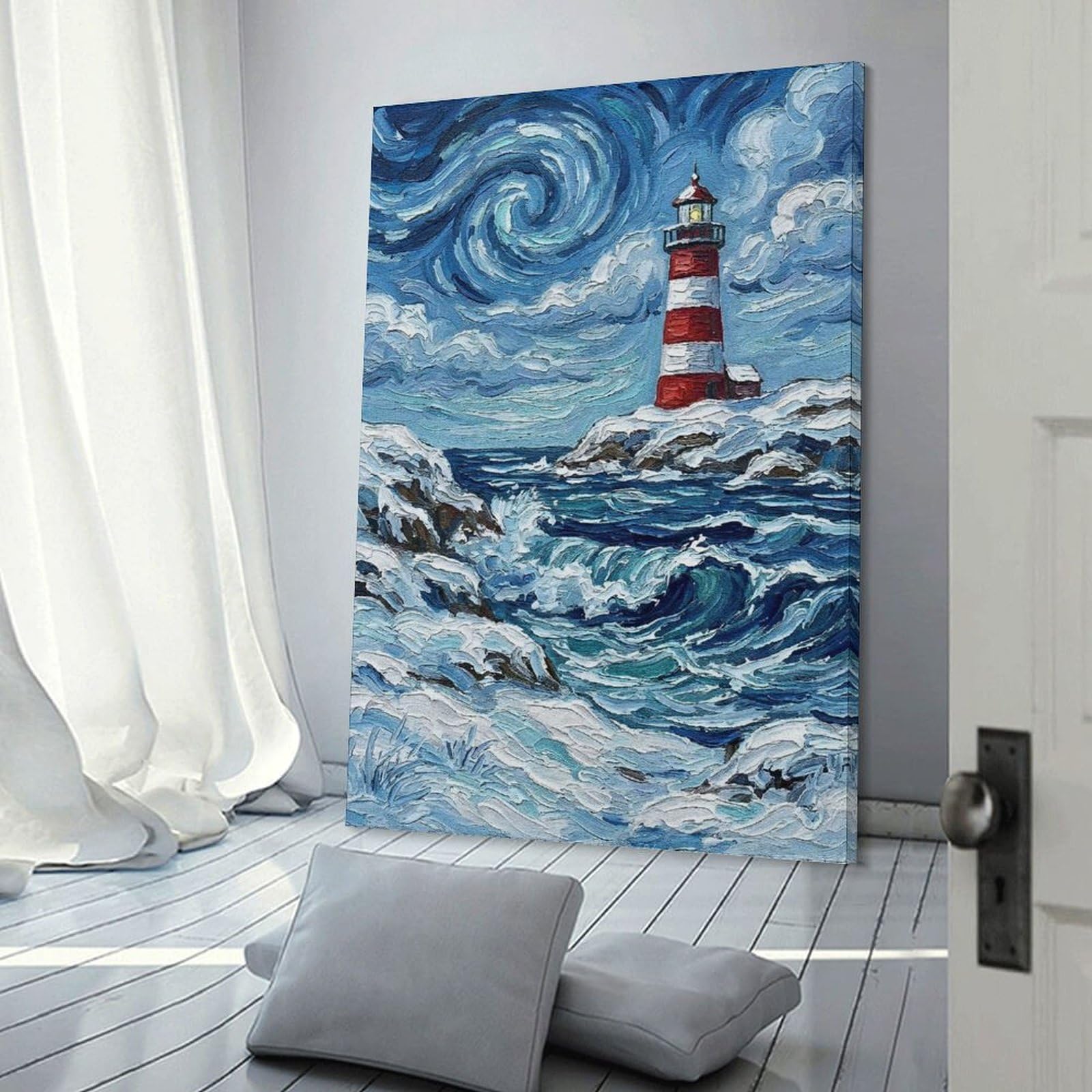 Junmoney Winter Lighthouse Seascape Painting Wall Art Print, 24x36inch(60x90cm), for Entryway, Lounge Links Or Small Walls, Decorative Canvas Styling for Entry Areas