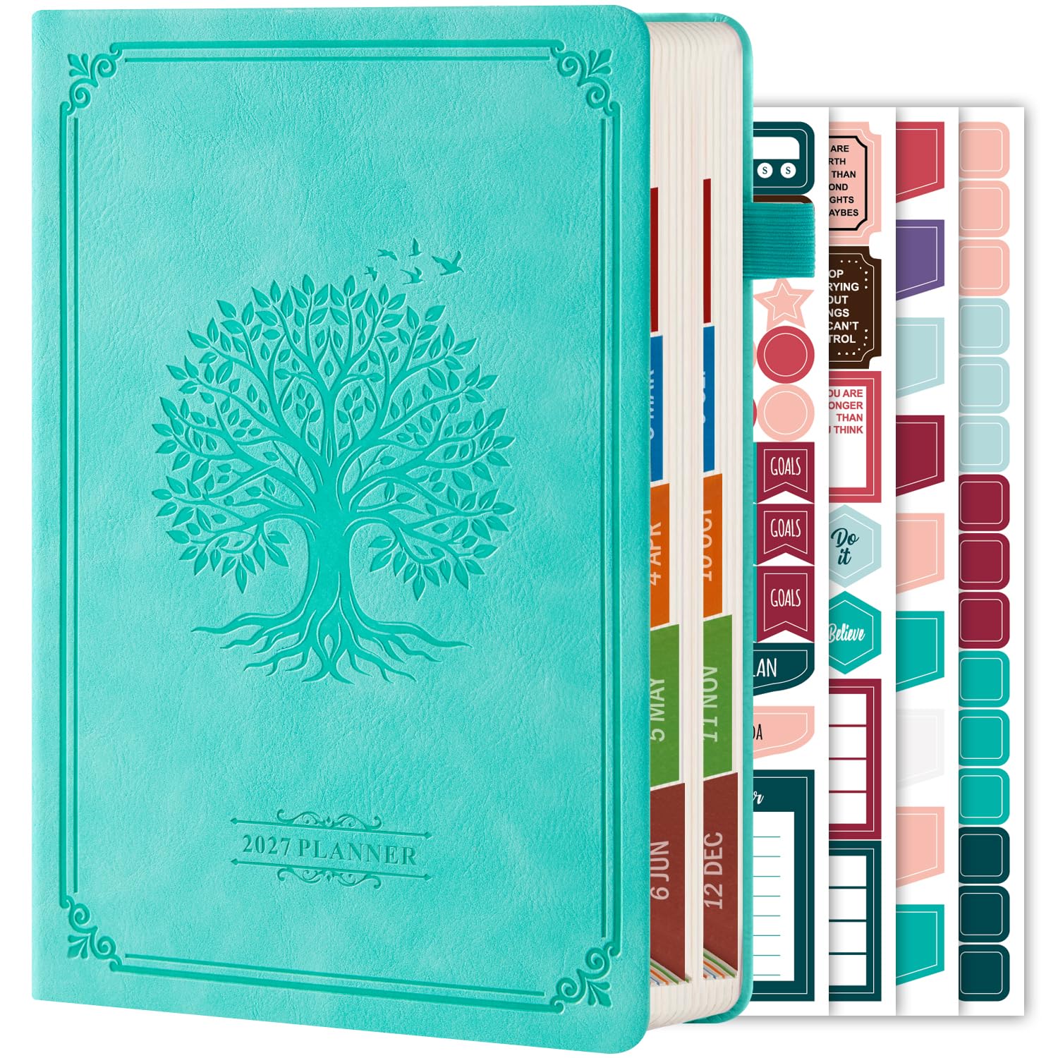 2027 Diary, A5 Diary 2027 Day Per Page, Jan. 2027 - Dec. 2027 Daily Planner with Hourly Schedules, 4 Planning Stickers, Faux Leather Cover, Hardback Appointment Book for Women Men, 14.3 X 21 cm, Teal