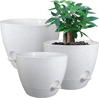 UOUZ Large Self Watering Pots, 12/10/9 Plastic Planters with High Drainage Holes and Deep Reservoir for Indoor Outdoor Garden Plants and Flowers, White Speckles