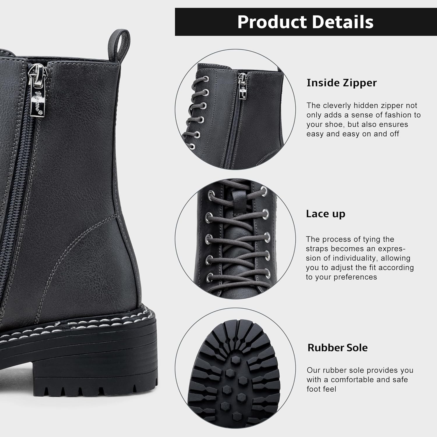 Vepose Women's 9629 Fashion Combat Ankle Boots, Lace up Booties with Inner Zipper - Image 3