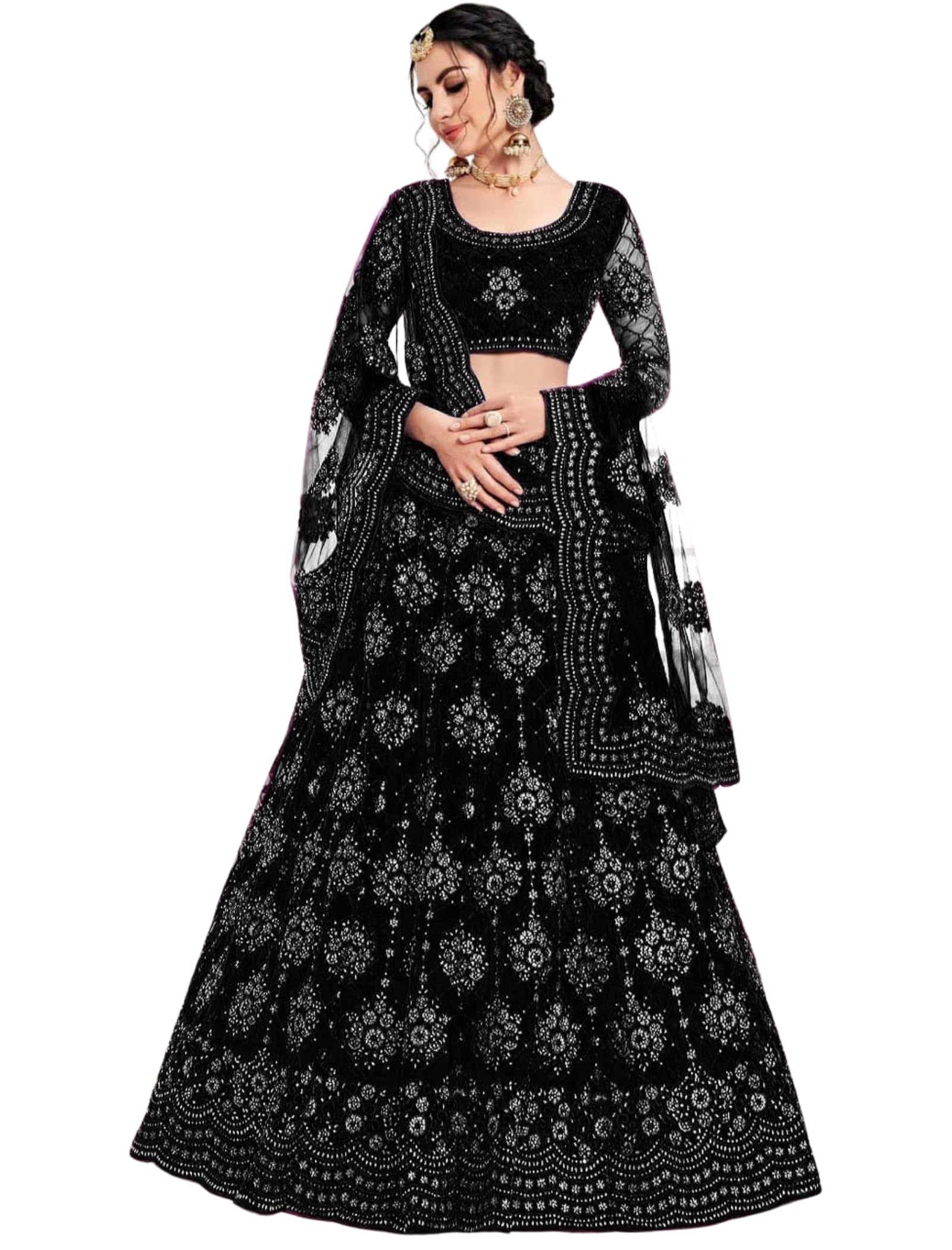 Indian Women's Net Embroidered Semi-Stitched Lehenga Choli And Dupatta Set (Free Size)-image-31
