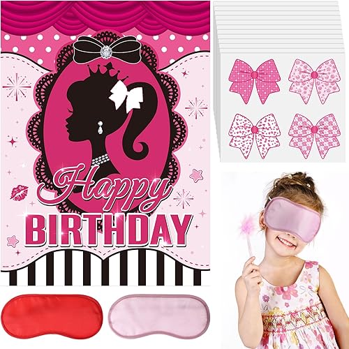 Tatuo 35 piezas de decoración de fiesta de cumpleaños rosa para niñas, pin el lazo en la cabeza de princesa, póster grande con calcomanías de lazo