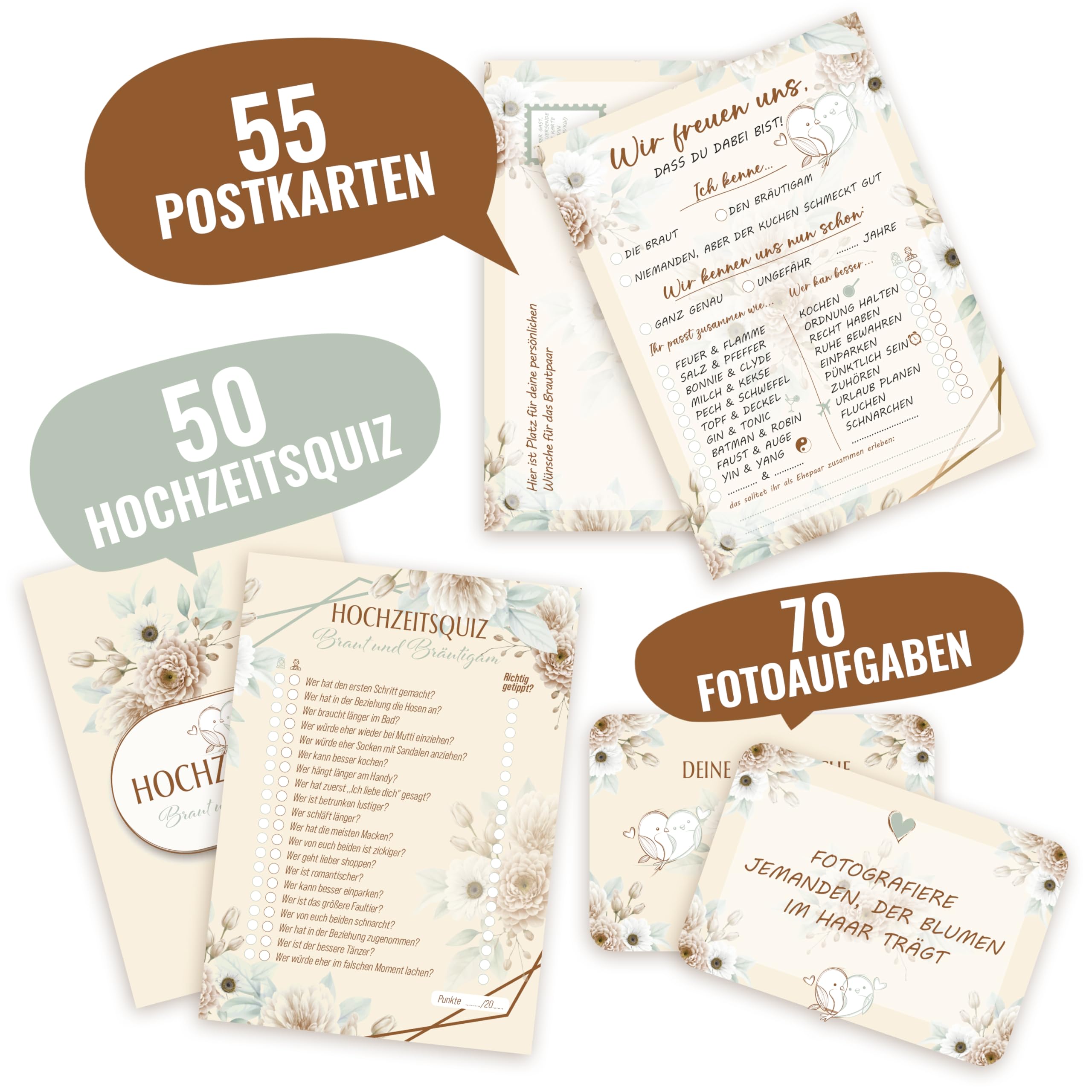 colortouch Gästebuch Hochzeit mit Fragen 104 Seitenzum Ausfüllen, Aufkleber Hochzeit, Hochzeitsspiel mit 70 Fotoaufgaben, 50 Hochzeitsquiz, 52 Postkarten 10 Blatt Hochzeitssticker, 50 St Tischkarten