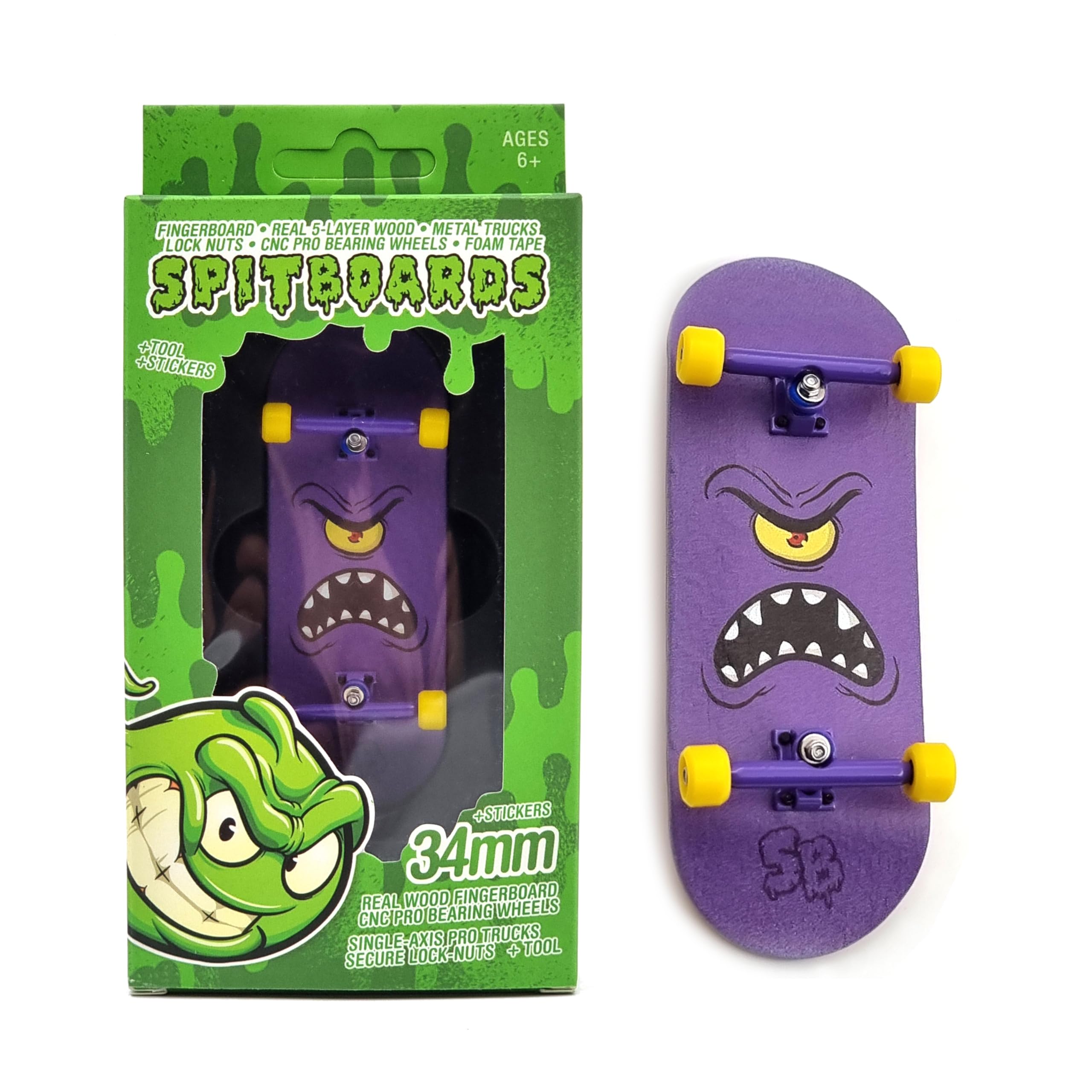 SPITBOARDS34mm x 96mm Pro Fingerboard Set-Up (Complete) | Real Wood Deck | Pro Trucks with Lock-Nuts and Pro Bushings | Polyurethane Pro Wheels with Bearings | Purple Face