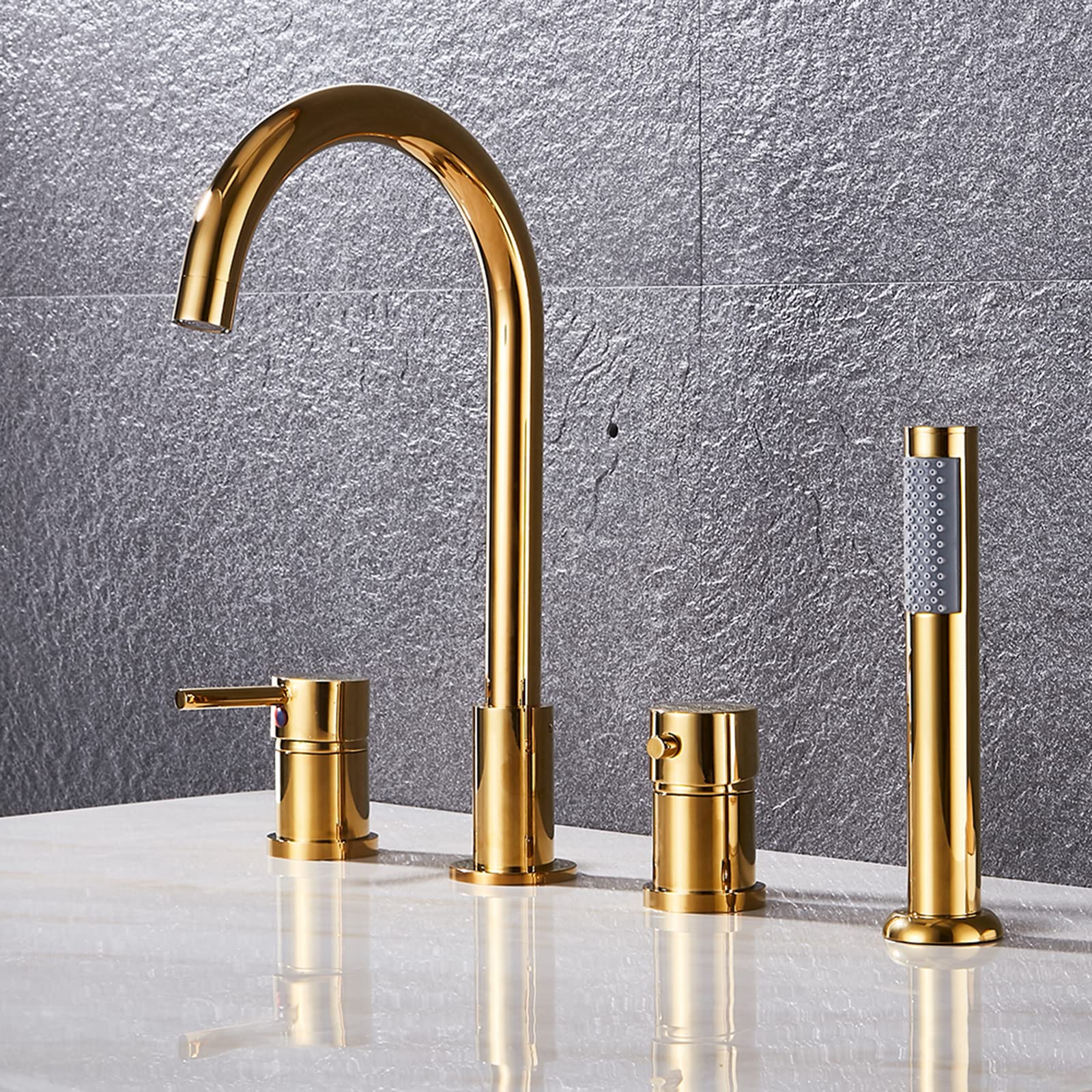 HADECOLL Thermostatic 4Hole Bathtub Faucet Multifunctional Shower Mixer With Pullout Handheld Showerhead Black & Gold Luxury Bathroom Plumbing Fixture,Or