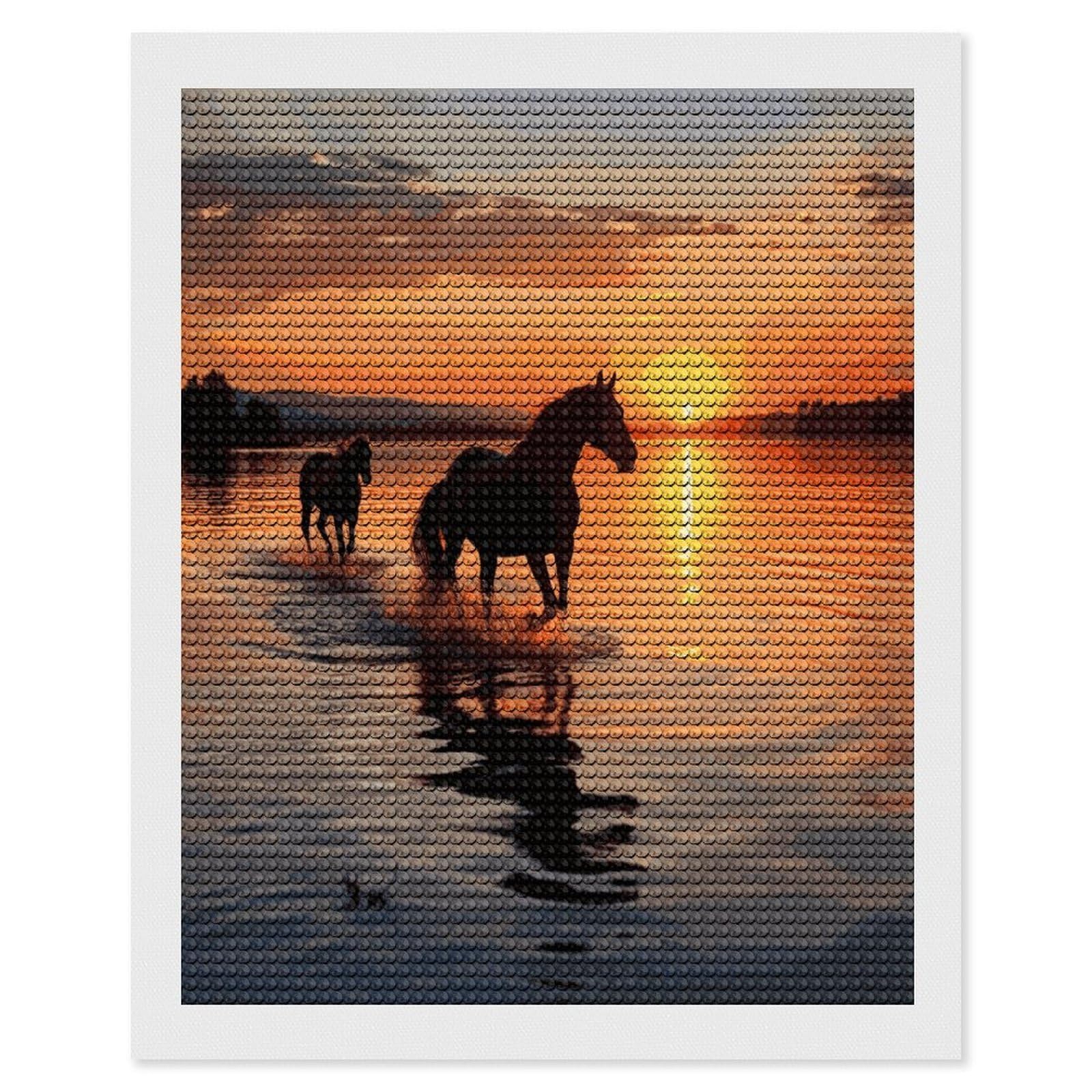 JTREHY Sunsets Lake Horses Diamond Art Kits Personalized DIY Round Diamond Painting Kits for Beginner Full Drill Diamonds Dots Paintings for Adults Gem Art Crafts Home Decor