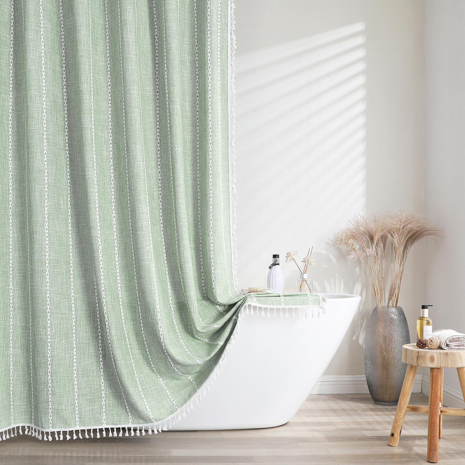 Rideau de douche de luxe 330 g/m² en textile lourd de style rustique chic à rayures vertes