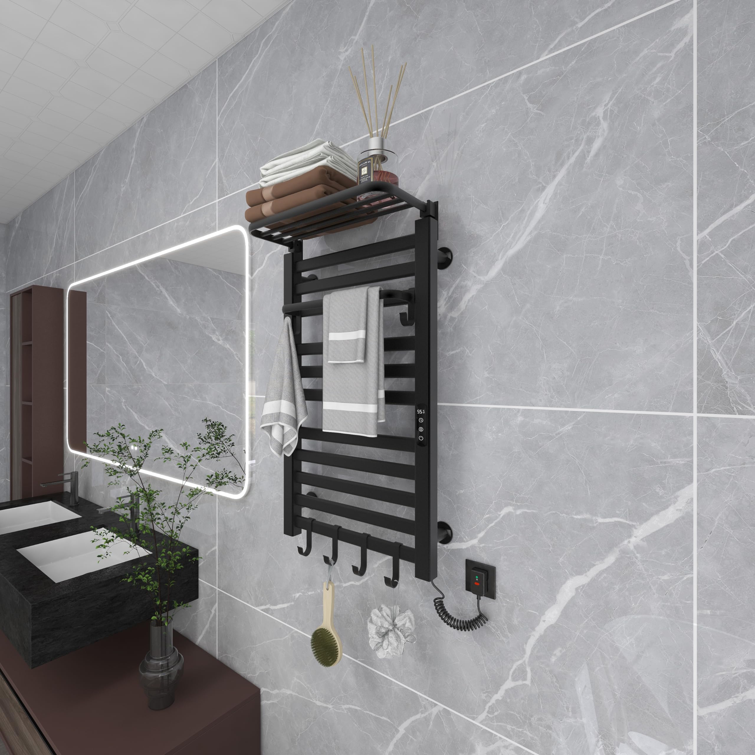 Toallero Baño Radiador, Calentador de Toallas con termostato Inteligente WiFi, para Alexa y Google Home y App, 500x870mm, Toallero Electrico, Radiador Toallas,Radiador Secador Toallas-WiFi Black Right