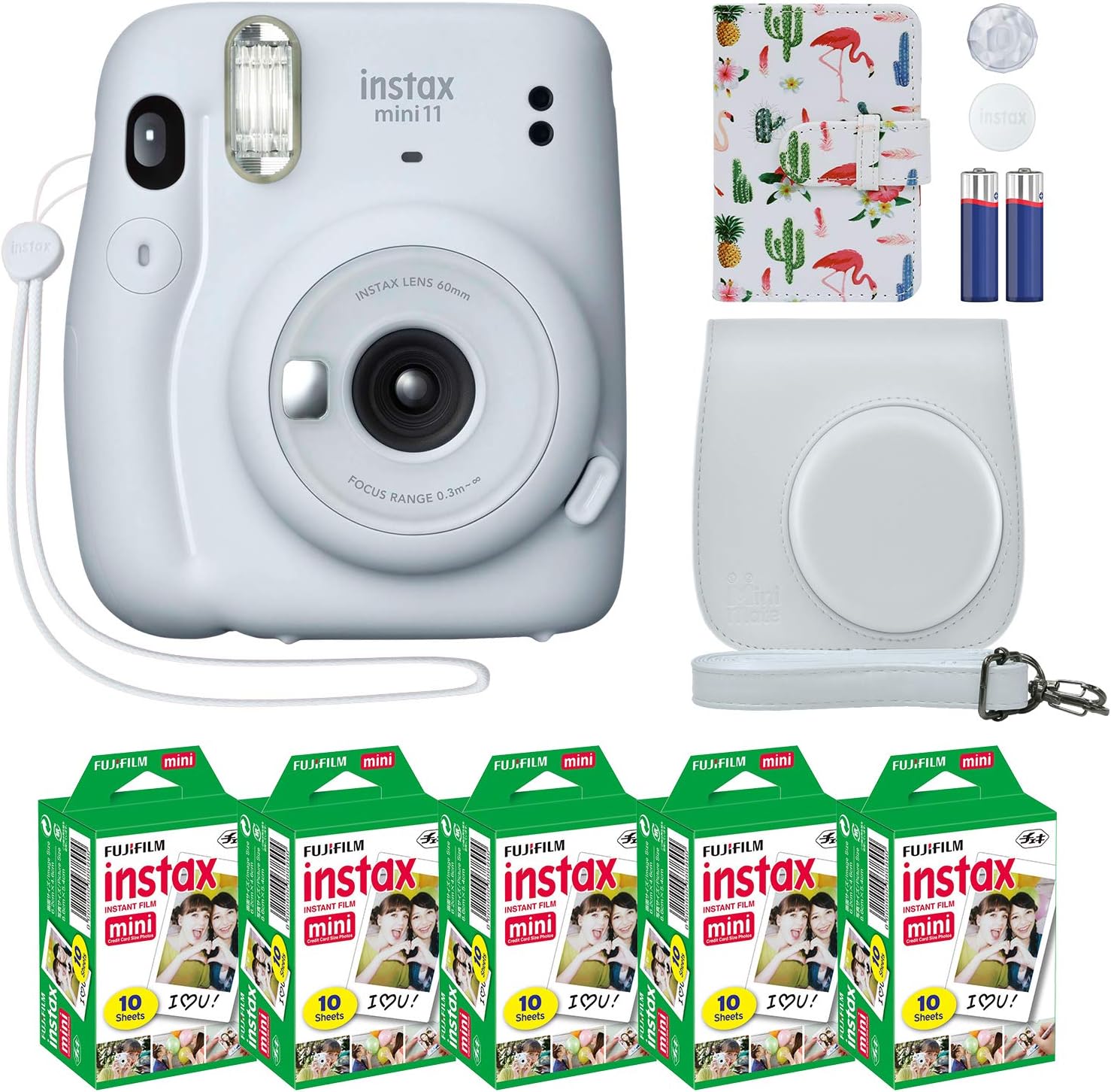Instax Mini 11 Instant Camera Ice White + MiniMate Accessory Bundle & Compatible Custom Case + Fuji Instax Film Value Pack (50 Sheets) Flamingo Designer Photo Album