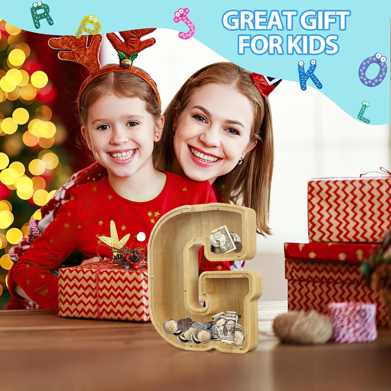 Extra Large Wooden Letter Coin Piggy Bank for Boys Girls Kids Toddler Alphabet E Money Bank (Initial-E-12)