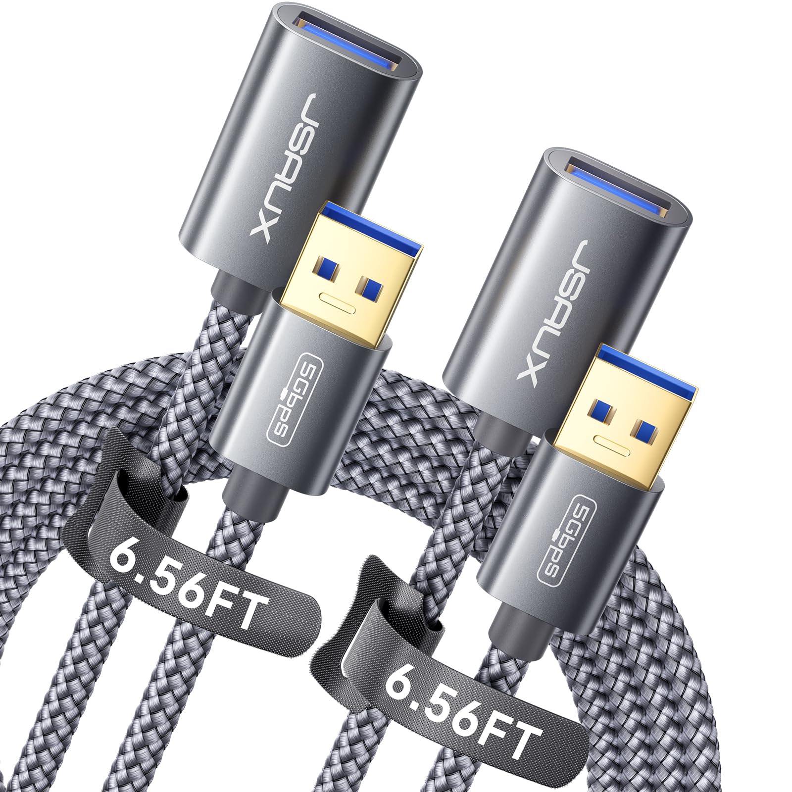 JSAUX 2Pack 6.56FT + 6.56FT USB 3.0 Extension Cable, Type A Male to Female USB Extender Cord Nylon Braided Compatible with Webcam, Camera, Phone, USB hub, Mouse, Keyboard, Printer, Hard Drive - Grey