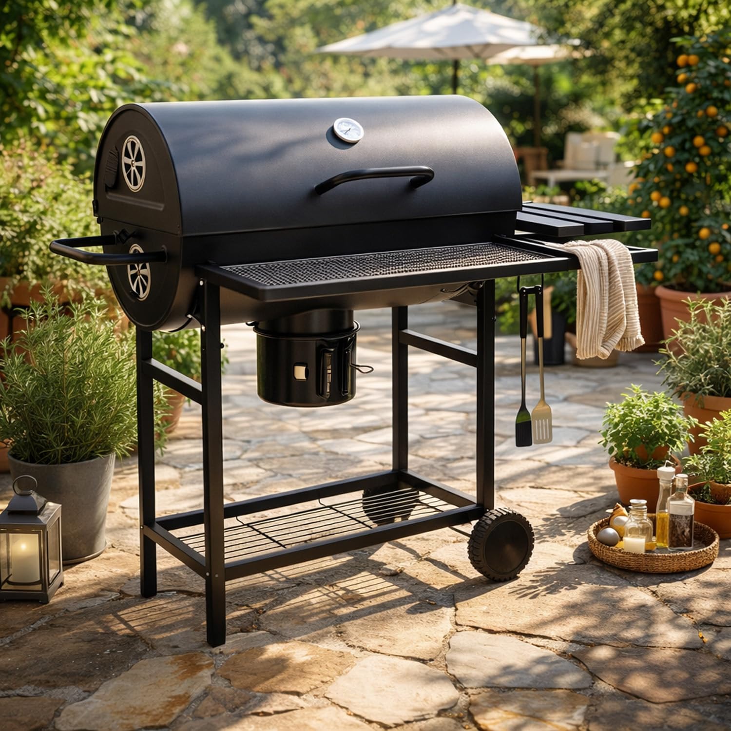 BRICOZONE Barbecue A Carbone Con Coperchio Termometro Integrato Grill BBQ In Acciaio Con Ruote Ripiani E Ventilazione Regolabile Pinza E Guanti Ideale Per Giardino Terrazzo E Balcone Cm Nero