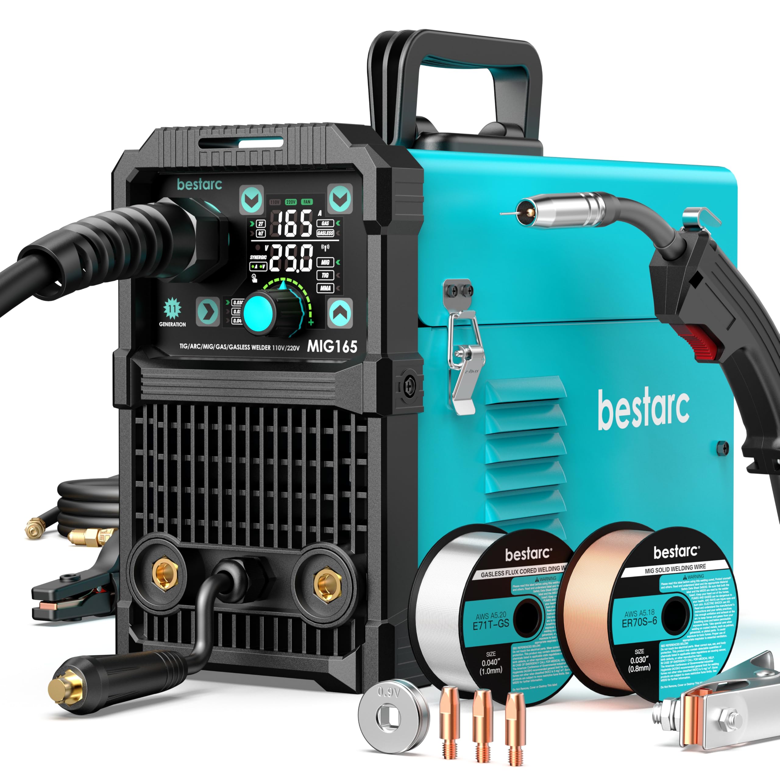 bestarc 165A MIG Welder, 110V 220V 4 in 1 Gas/Flux Core MIG/Lift TIG/Stick Welder Machine, Large LED Display Welding Machine, IGBT Inverter Welder