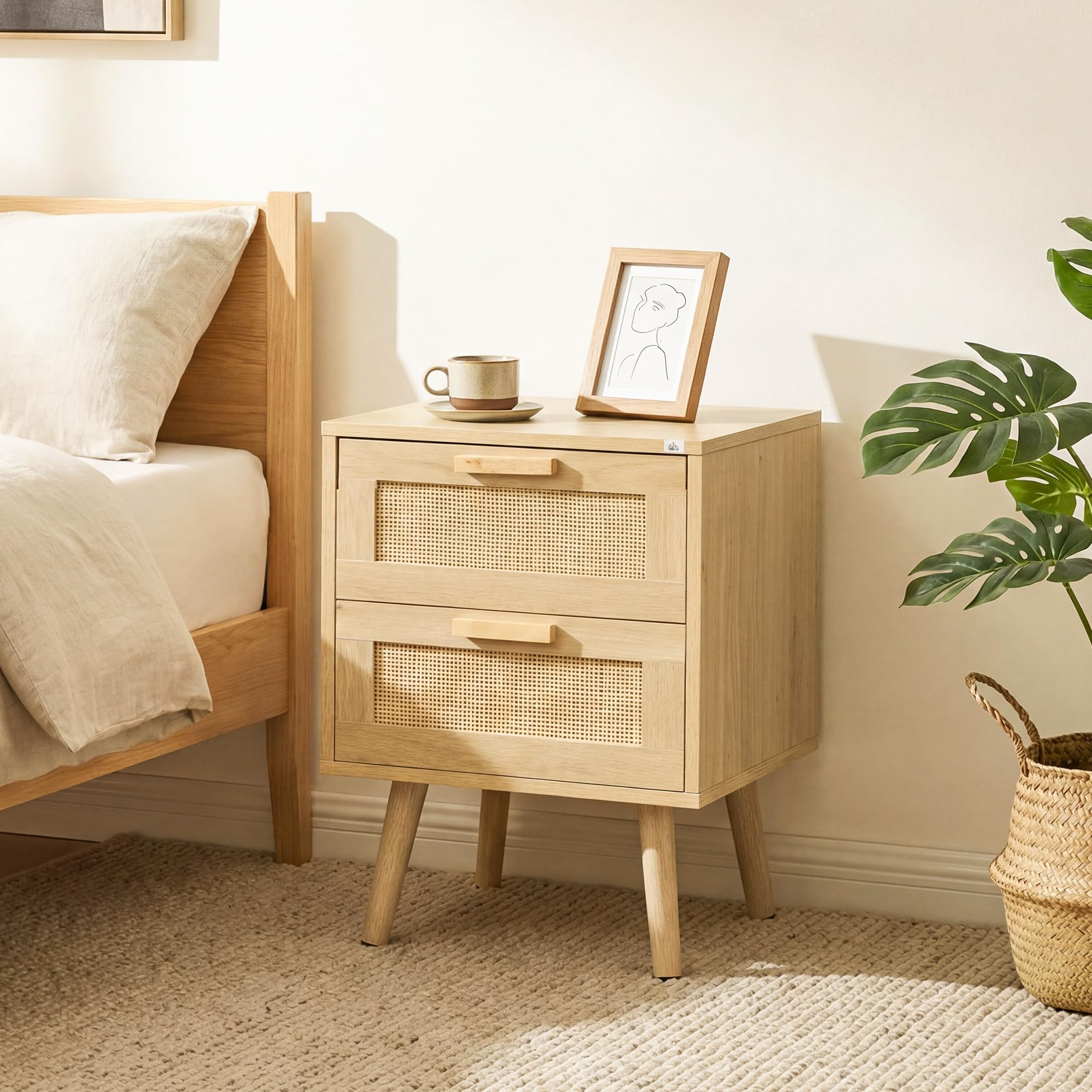 HOMCOM Set di 2 Comodini per Camera da Letto, Comodini Stile Boho Eleganti con 2 Cassetti, 40x40x56cm, Colore Legno Naturale