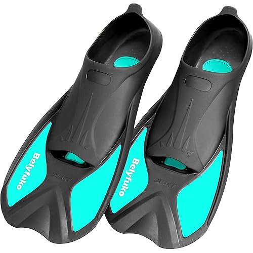 Belyfuko Short Swim Fins, Adult Kids Snorkel Fins for Lap Swimming Diving Snorkeling Travel Size with Mesh Bag
