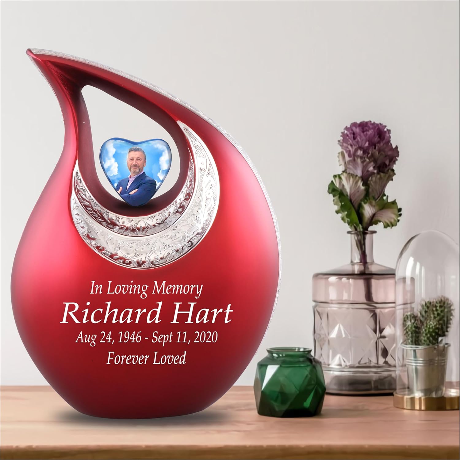 Personalized Photo & Text Red Teardrop Cremation Urns for Adult Ashes Male Female - 156 Lbs Burial Urns for Human Ashes - Handcrafted Funeral Decorative Urn for Adult with Velvet Bag