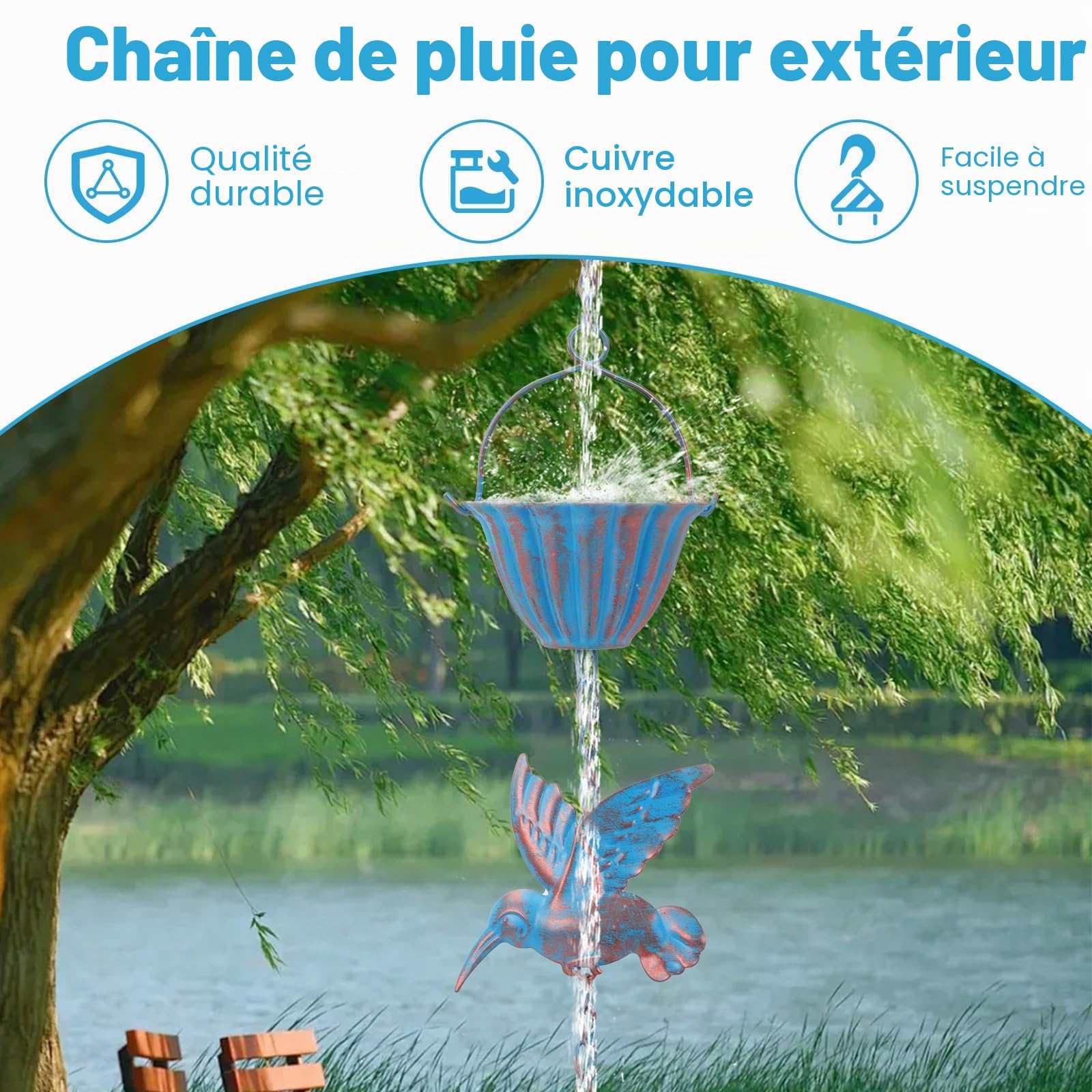 Chaîne de Pluie 2,4 m, ChaîNes de Pluie Bleu Colibri Fer RéTro, Collecteur d'eau de Pluie ExtéRieur, pour Gouttières, Décoration de Jardin et de Maison