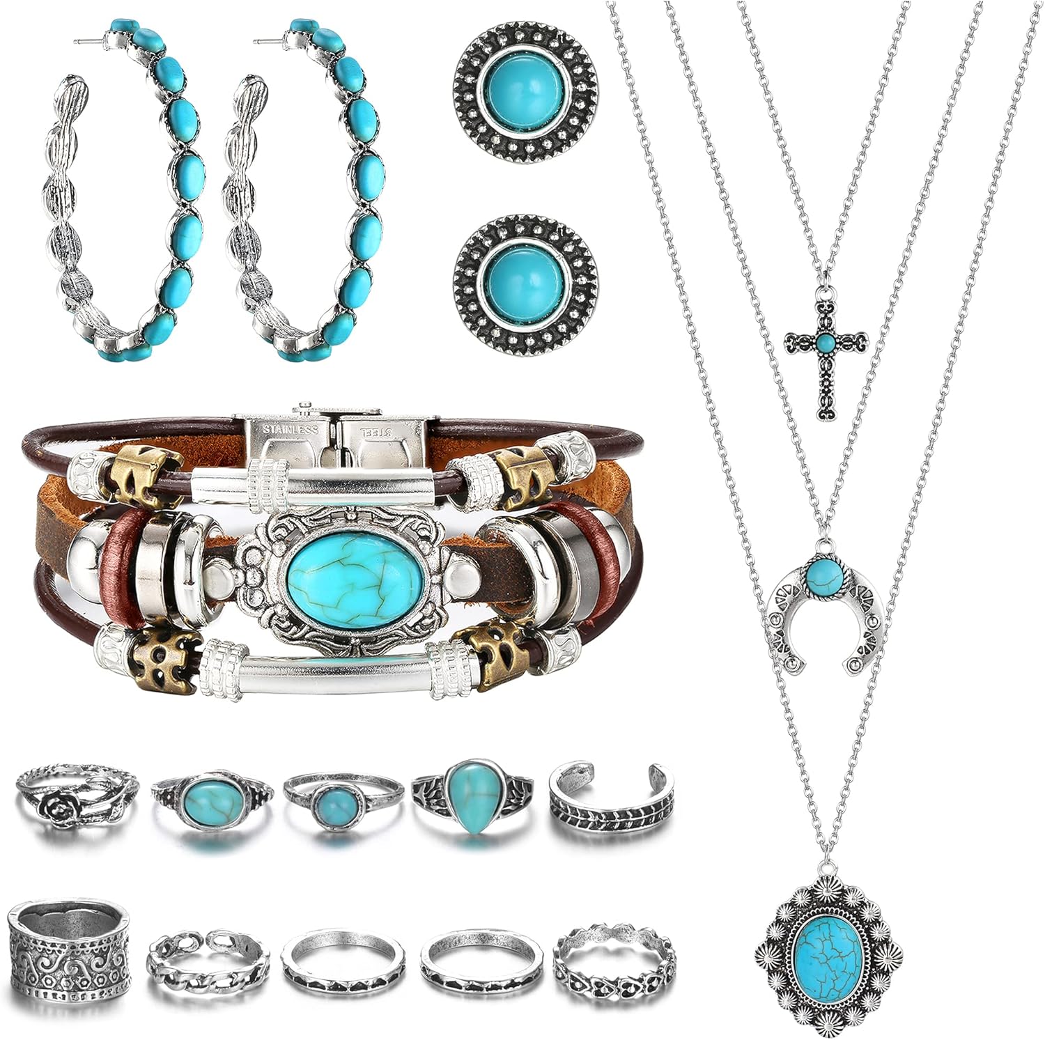 HAIAISO Western Jewelry For Women Turquoise Pendant Necklace Western Drop Dangle Earrings Turquoise Faux Leather Layered Bracelets Boho Knuckle Rings Set Bohemian Turquoise Jewelry Set