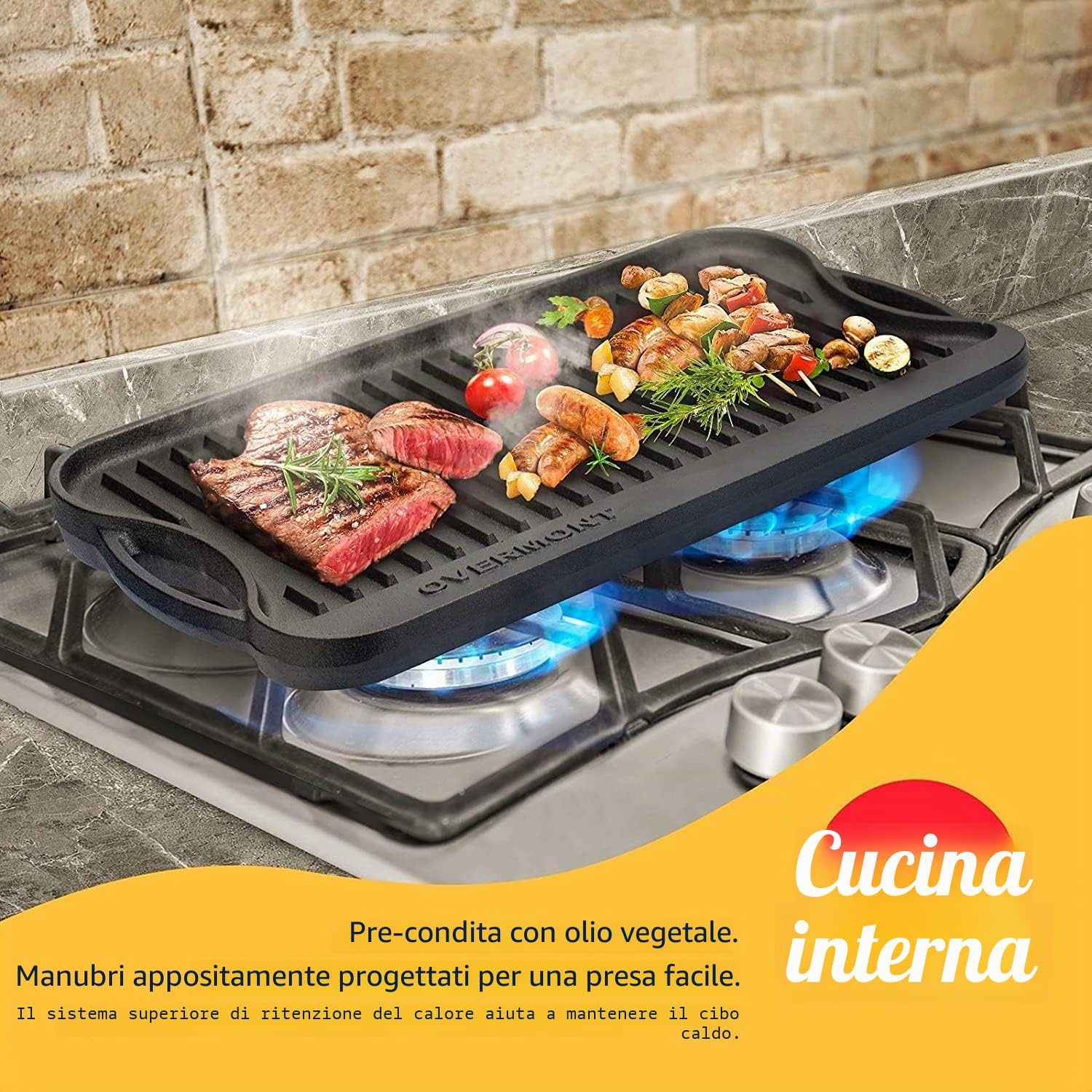 OVERMONT Bistecchiera reversibile in ghisa pre-stagionata, con manici, per piano cottura a gas, forno a fuoco aperto, 43,18 x 24,89 cm, un vassoio, raschietti inclusi
