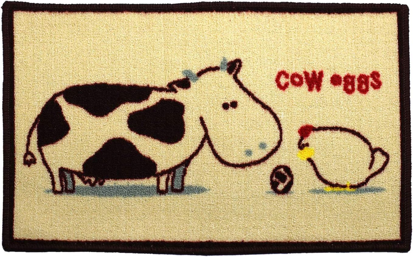 Cow and Eggs Kitchen Floor Mat with Cartoon Cow Design, Non-Slip Bathroom Rug, 20W x 32L inches, Beige