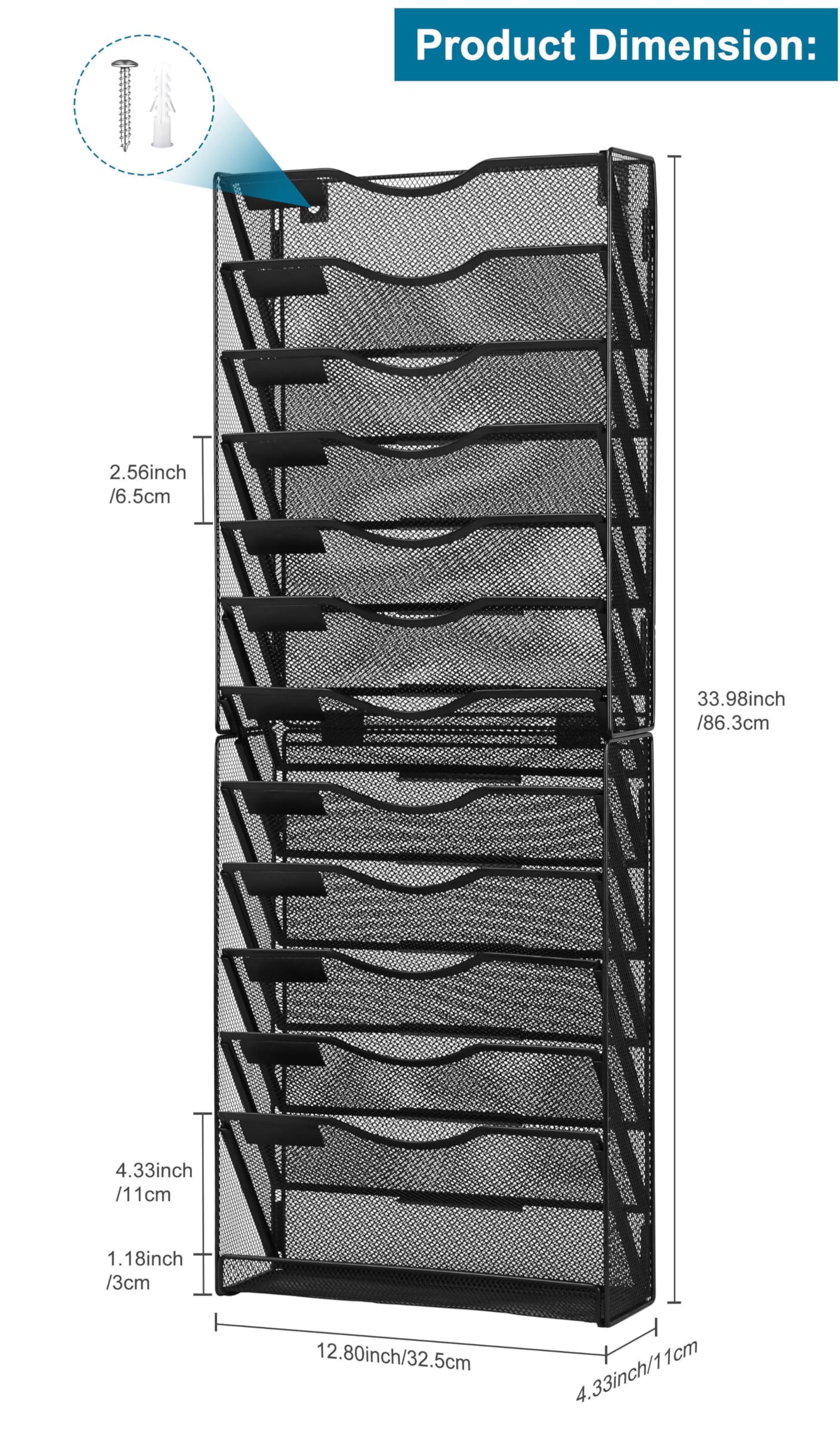 TQVAI 12 Ripiani Organizer Documenti Parete, Portariviste da Parete Metallo Scaffale per Documenti A4 Organizzatore Libreria Scrivania Ufficio Casa, Nero