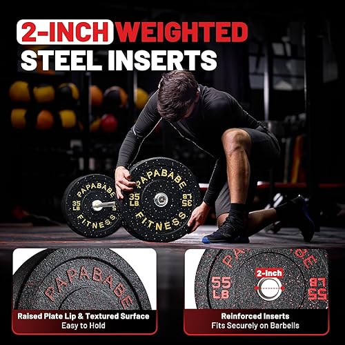 Miniatura 22 de Papababe Placas de peso, juego de placas de pesas de 2 pulgadas, placas de peso de goma protectoras para el suelo, placas de parachoques de 10 a 600