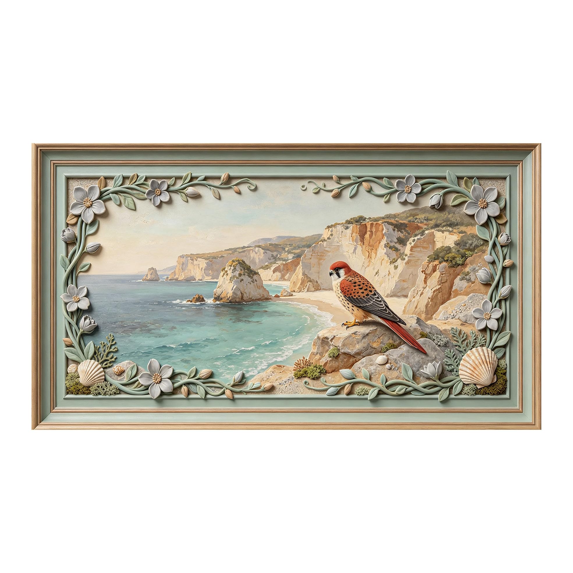 Yzpallescene 3D 3D Framed Wall Art 50cm×90cm Coastal Seascape Ocean Cliff Bird Oil Painting Large Size SelfAdhesive Removable Wall Decor Prints Artwork for Living Room Bedroom Office