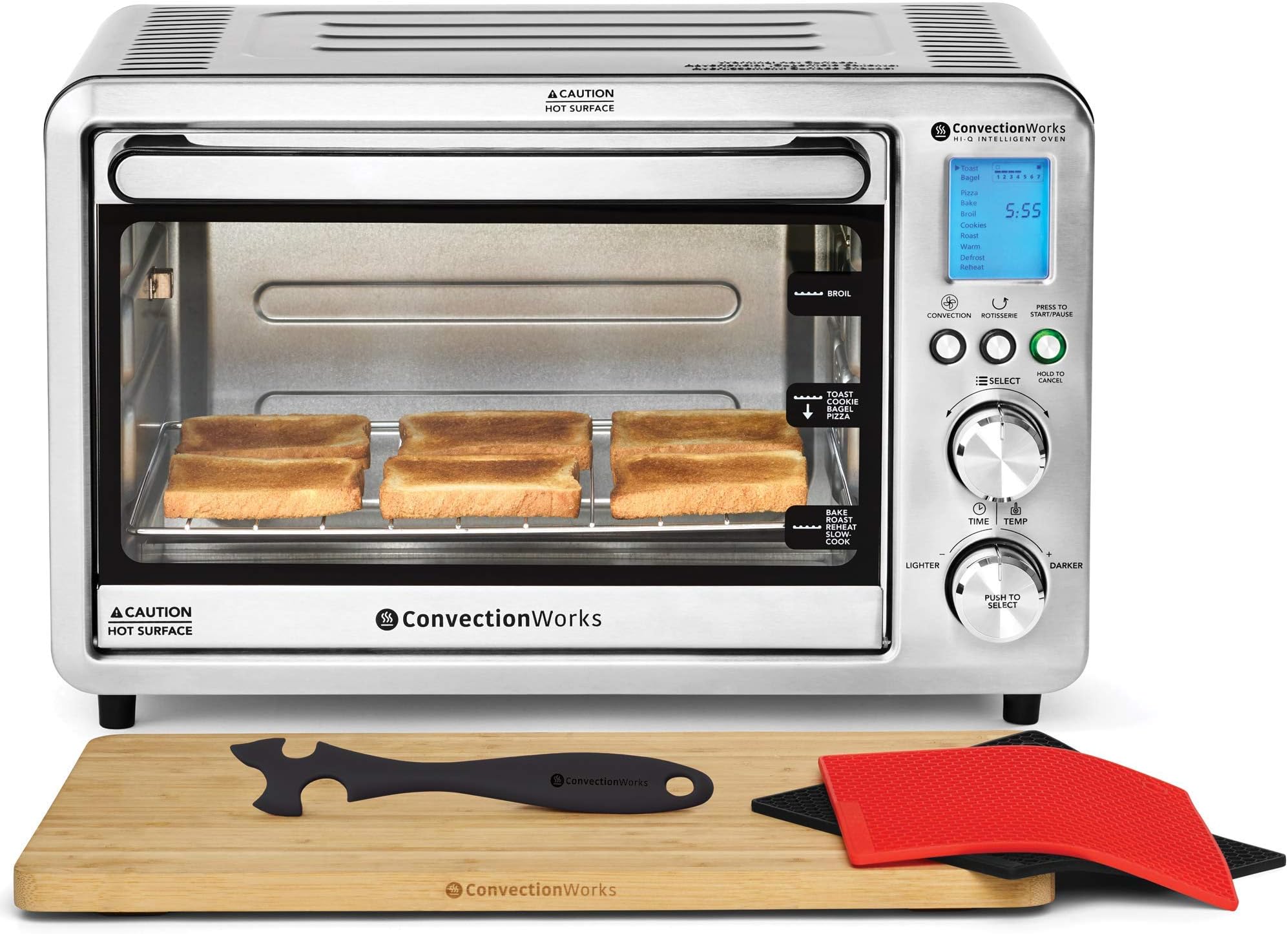 ConvectionWorks Hi-Q Intelligent Countertop Oven Set, 6-Slice Compact Convection Toaster, w/ Bamboo Cutting Board & Silicone Rack Handle (10 Accessories, Rotisserie & Spit Included), 1500 Watt, Stainless Steel, Teflon-free (Silver)