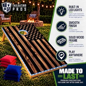 Tailgating Pros American Themed Lightweight Corn Hole Board Set w/Multicolored Built-in LED Lights, Bean Bags and Carrying Case - 4'x2' Cornhole Toss