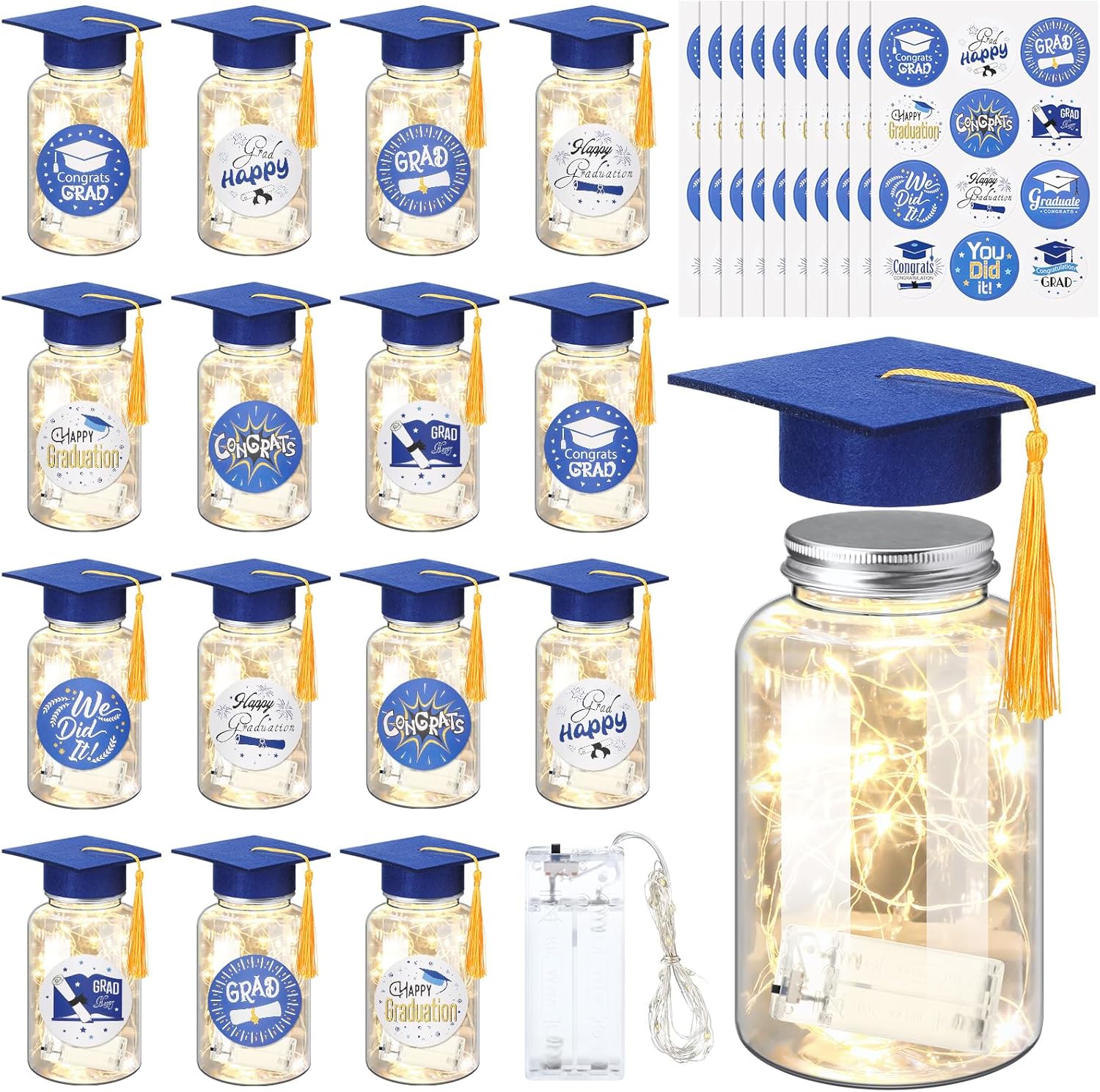 Boao 16 Sets Graduation Table Decoration Set with LED Light up Graduation Decorations for Class of 2026, Grad Jar, Felt Grad Hat and Stickers for High School College(Blue,Vivid)