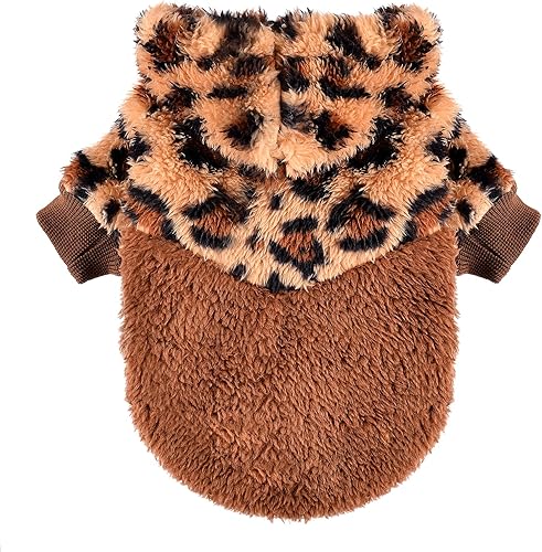 Sebaoyu Suéteres para perros pequeños, ropa de forro polar con capucha para perro, suéter de invierno lindo y cálido a cuadros de leopardo y