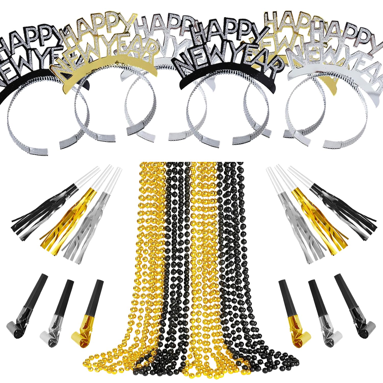 IMISHM New Year Party Favors Kit Happy New Year party supplies Include Headbands Beaded Necklaces Horns Blowouts NYE Party Supplies for Guests