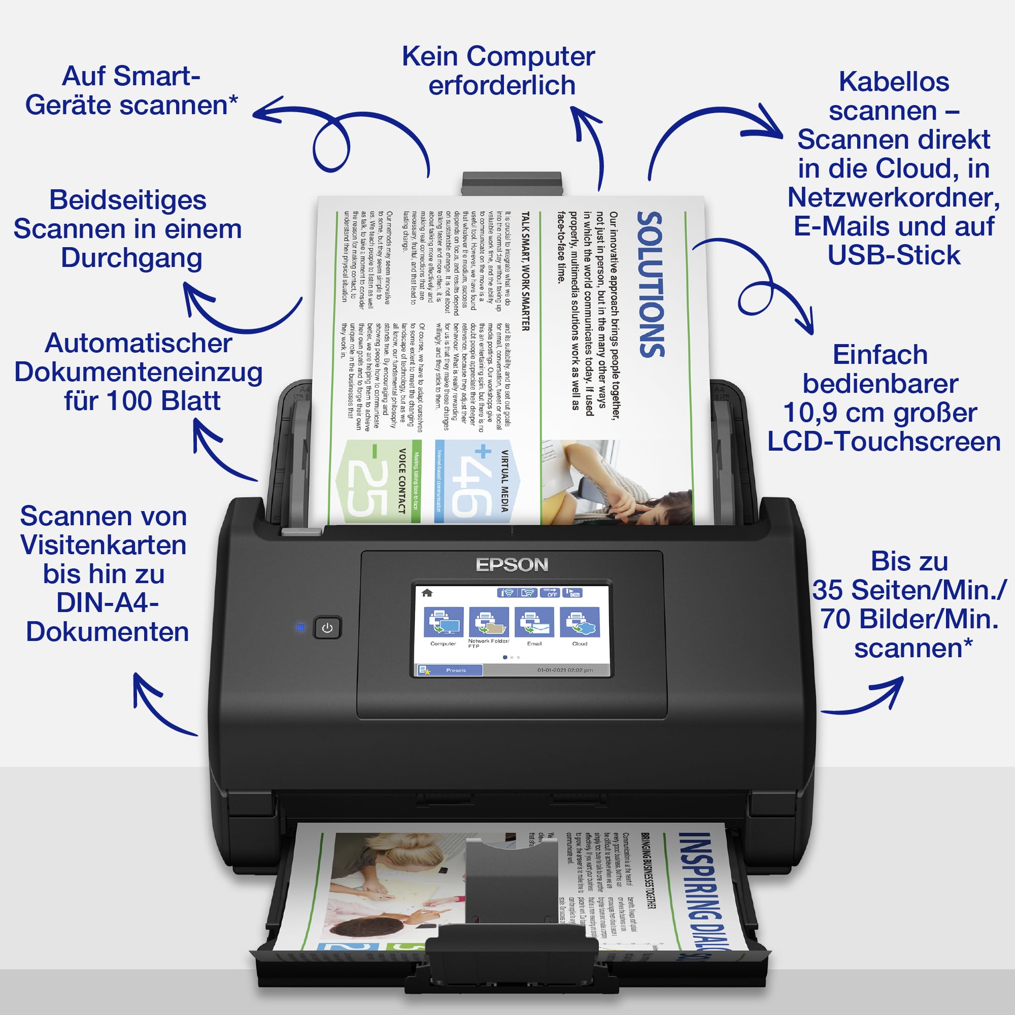 Epson Workforce ES-580W Scanner, Dokumentenscanner (scannt ohne PC, 35 Seiten BZW. 70 Bildern pro Minute, bis DIN A4, beidseitiger Scan in einem Durchgang, automatische Ausrichtung) One Size
