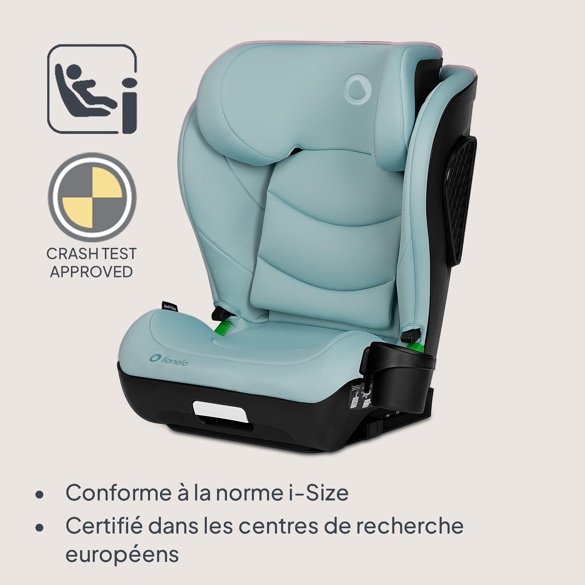 LIONELO NEAL I-SIZE Siège auto enfant, groupe 2 3, de 100 à 150 cm De 3 à 12 ans environ Fixation ISOFIX ou sans harnais Appuie-tête réglable Protection latérale Accoudoirs Standard R129 (Turquoise)
