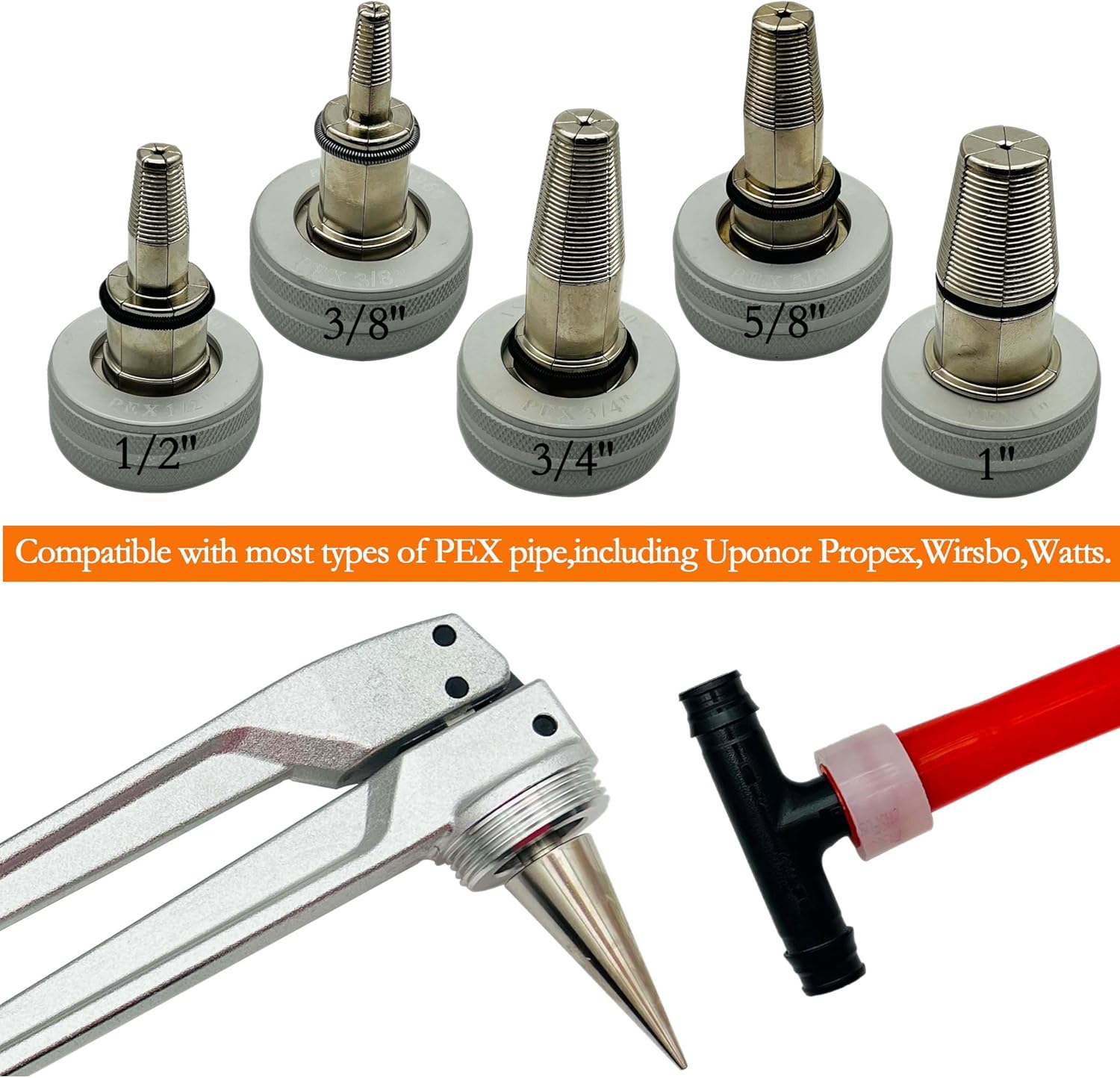 Manual PEX Pipe Expander Tool Kit with 5PCS be 3/8”,1/2",5/8",3/4",1" Expansion Heads for Propex Expansion suit Propex Wirsbo Meet ASTM F1960 Standard PEX Coupling Fitting Radiant Heat