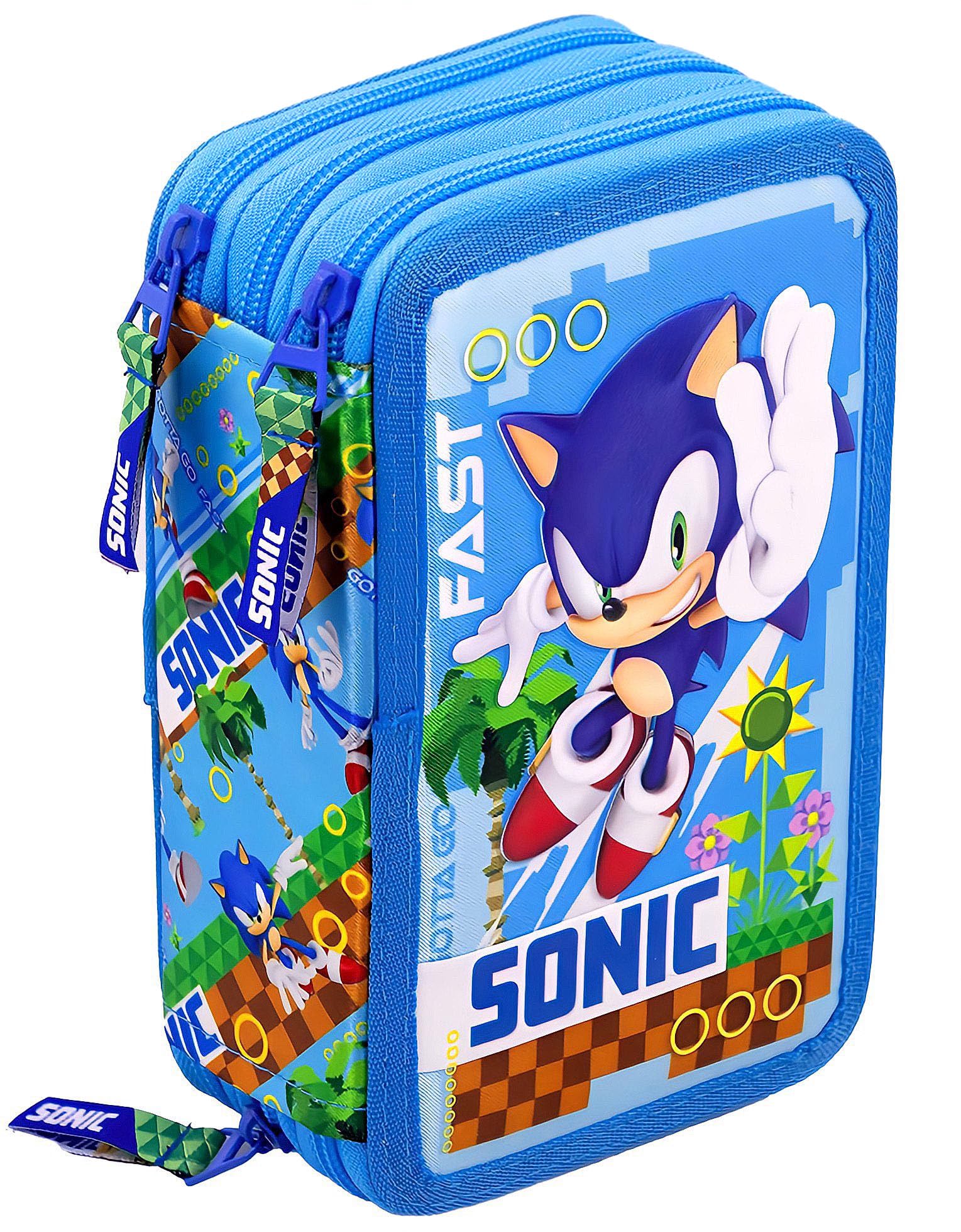Clondo Estuche Triple Relleno para Niños, para Sonic Fan, 45 Accesorios Escolares, Plumier 3 Cierres, Compartimentos Organizados, Lápices de Colores, Marcadores, Pegamento, Tijeras