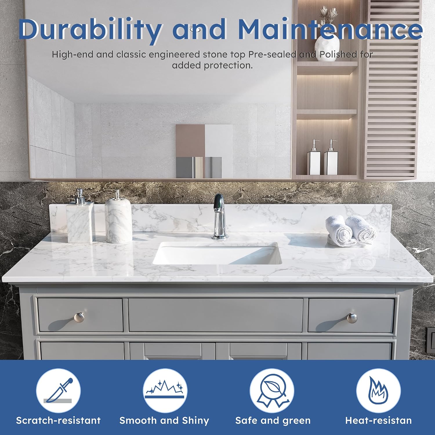 43 Inch Marble Vanity Top with Undermounted Rectangular Ceramic Sink & Backsplash, White Carrara Engineered Stone Countertop Vanity Sink Top for Bathroom 1 Pre-Drilled Hole