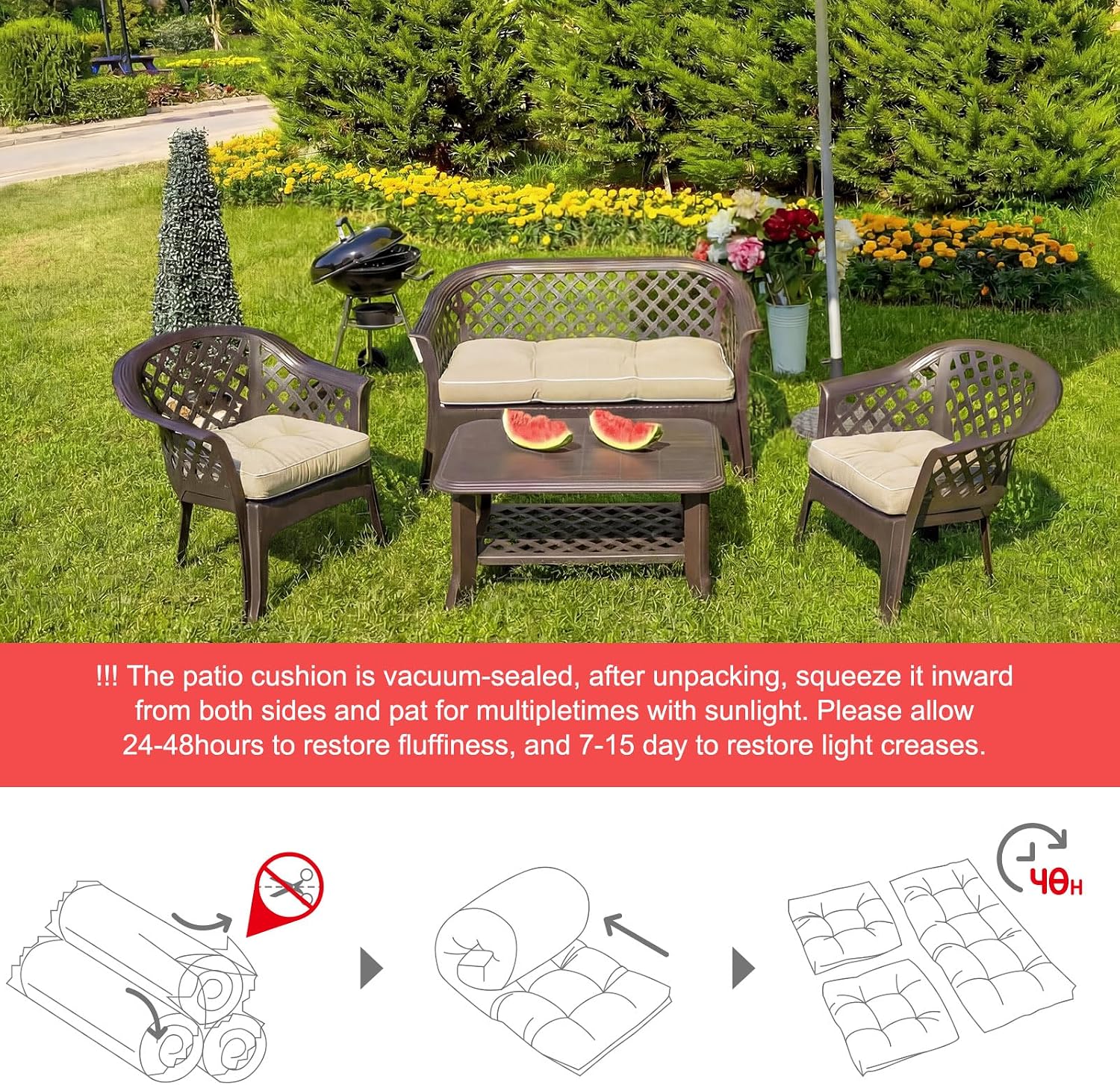 Yuntau Set of 3 Outdoor Loveseat Cushions 48x24 Inch Waterproof Tufted Bench Cushions for Patio Furniture Fade Resistant 1 Loveseat and 2 Seat Pad for Swing Couch Sofa Wicker Chair Settee(Beige)