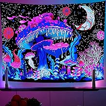 UV Light Reactive Mushroom Tapestry Wall Hanging Black Light Reactive Mushroom Moon Wall Tapestry Polyester Tapestries for Home Bedroom Living Room Decoration 51 x 59 Inches